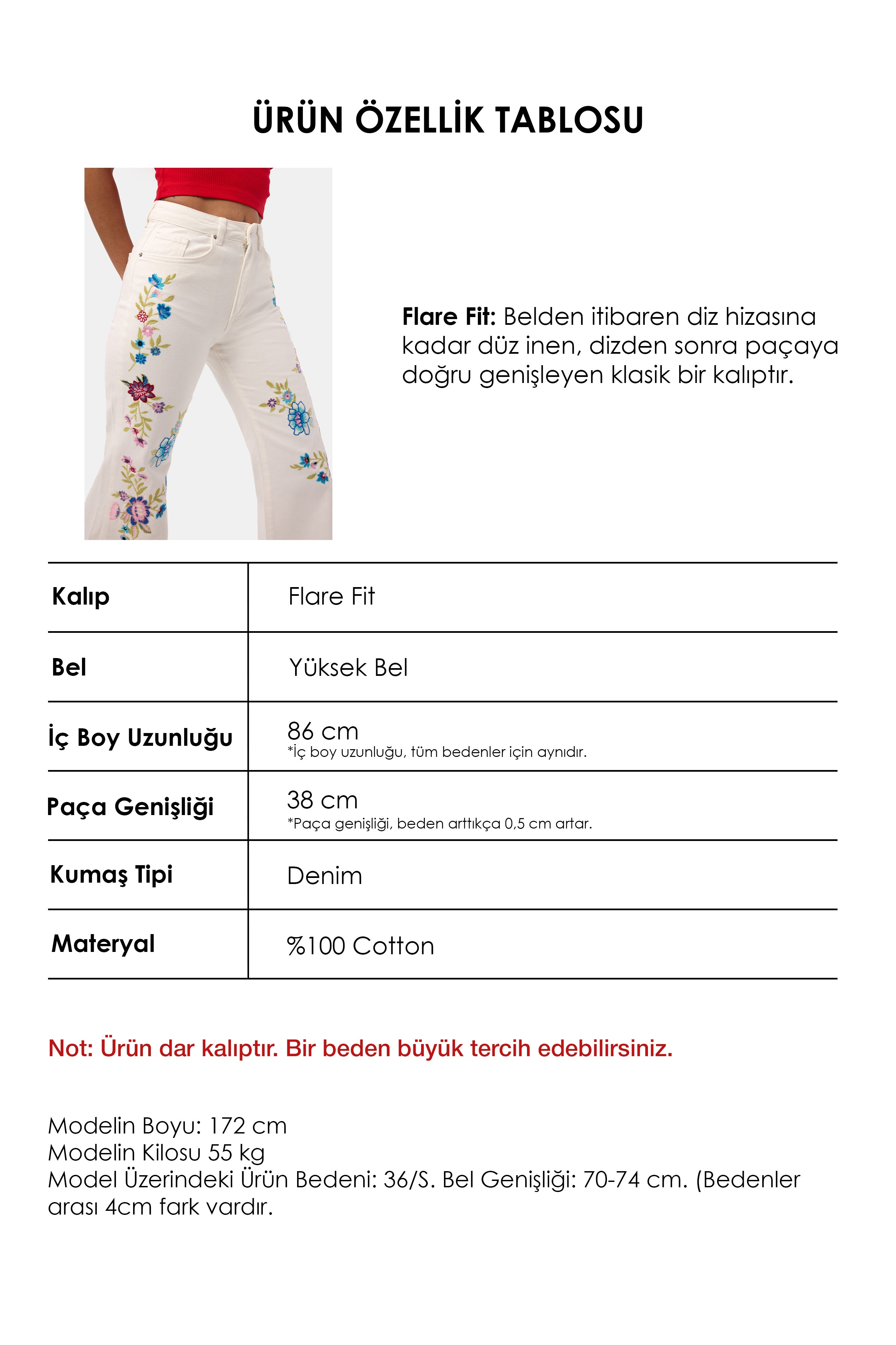 Kadın Kırık Beyaz 7s6-101 Flare Fit Nakışlı Özel Tasarım Denim Jean