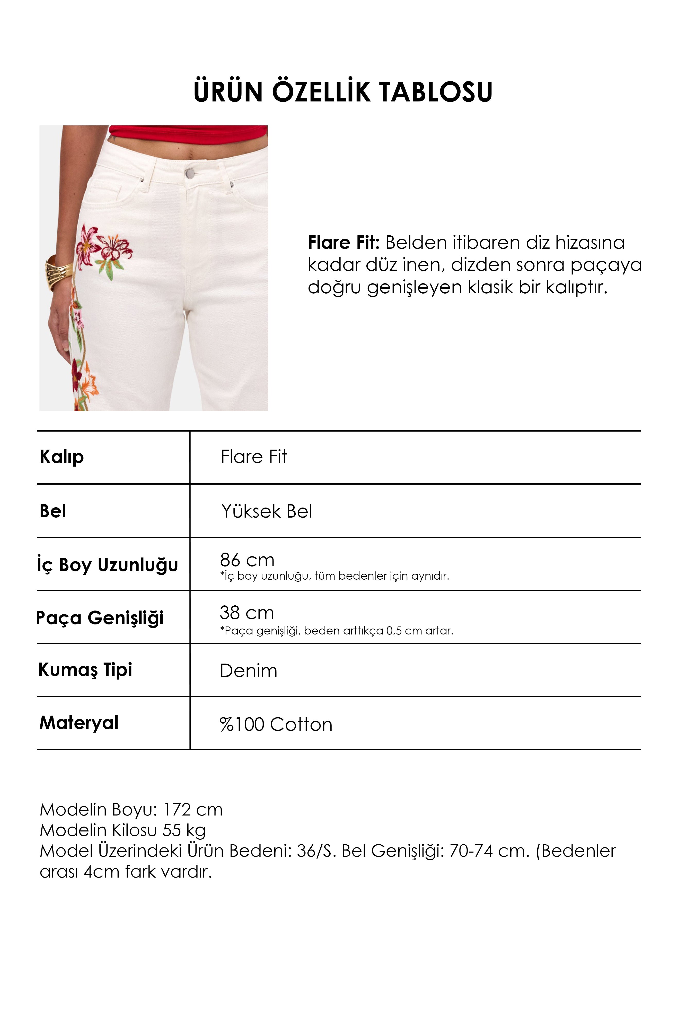 Kadın Kırık Beyaz 7s6-101 Flare Fit Özel Nakışlı Tasarım Denim Jean