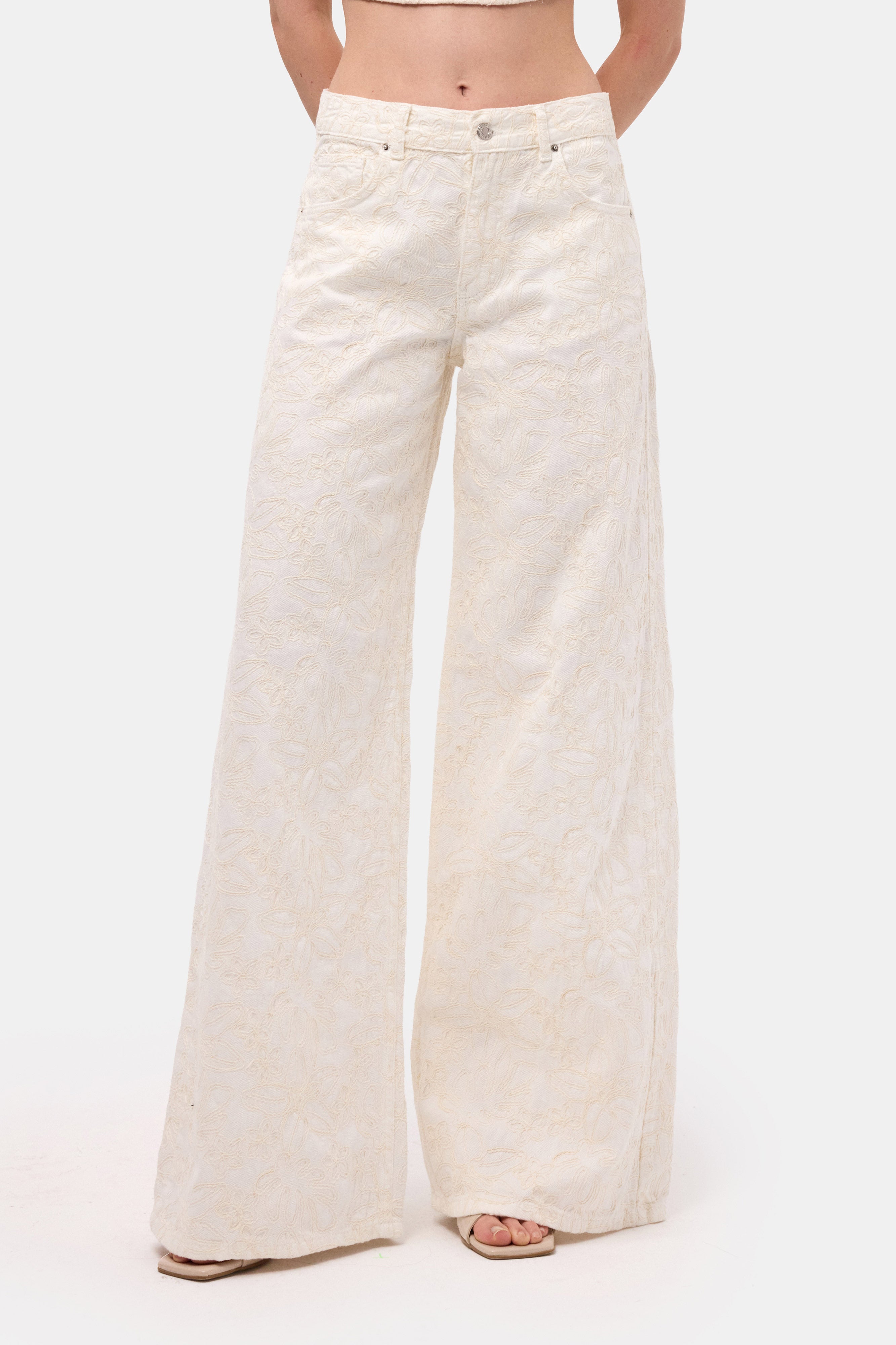Kadın Kırık Beyaz 7s6-101 Palazzo Fit Özel Nakışlı Tasarım Denim Jean