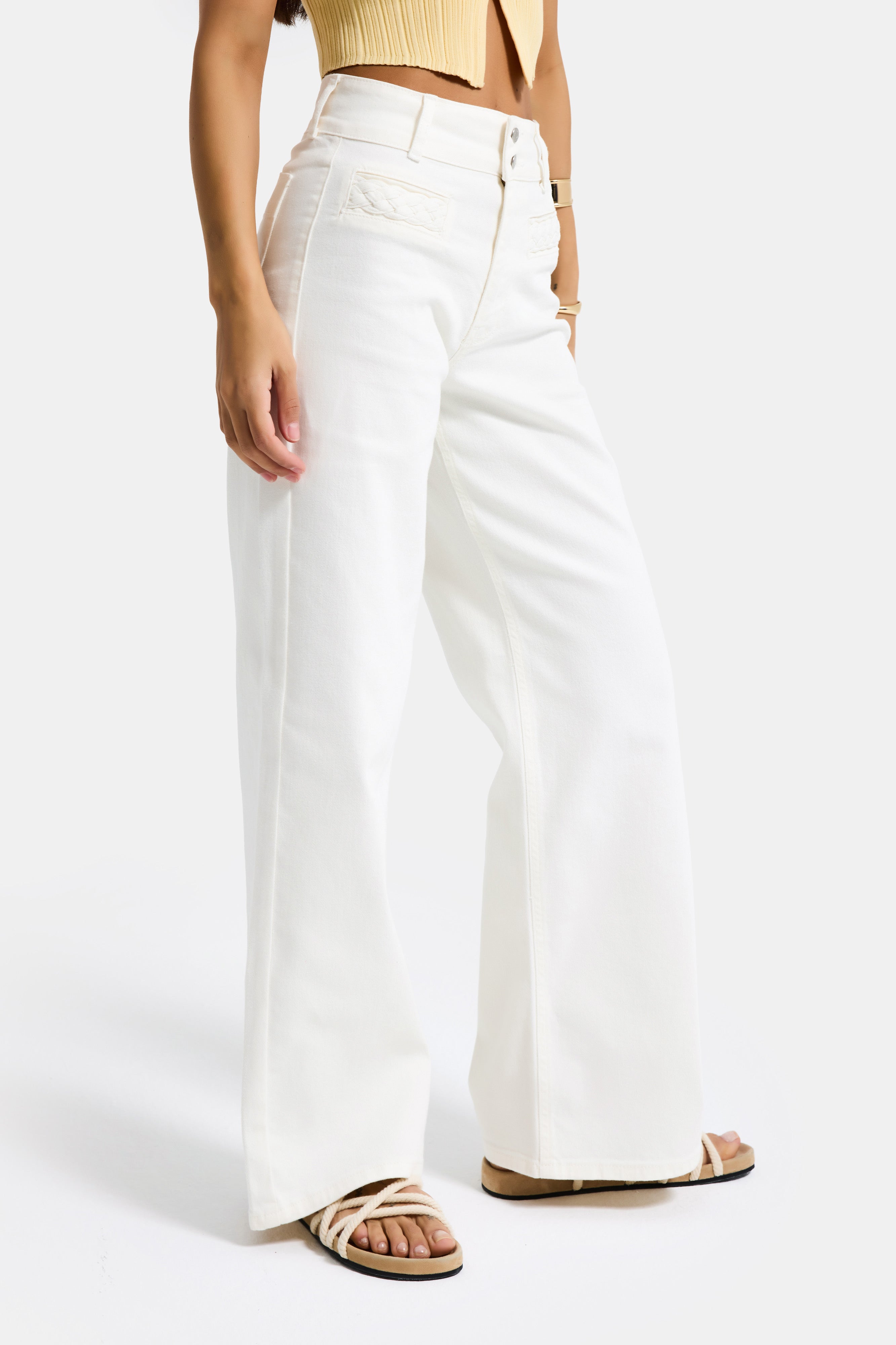 Kadın Kırık Beyaz 7s6-101 Wide Leg Yüksek Bel Elastan Kumaş Denim Jean
