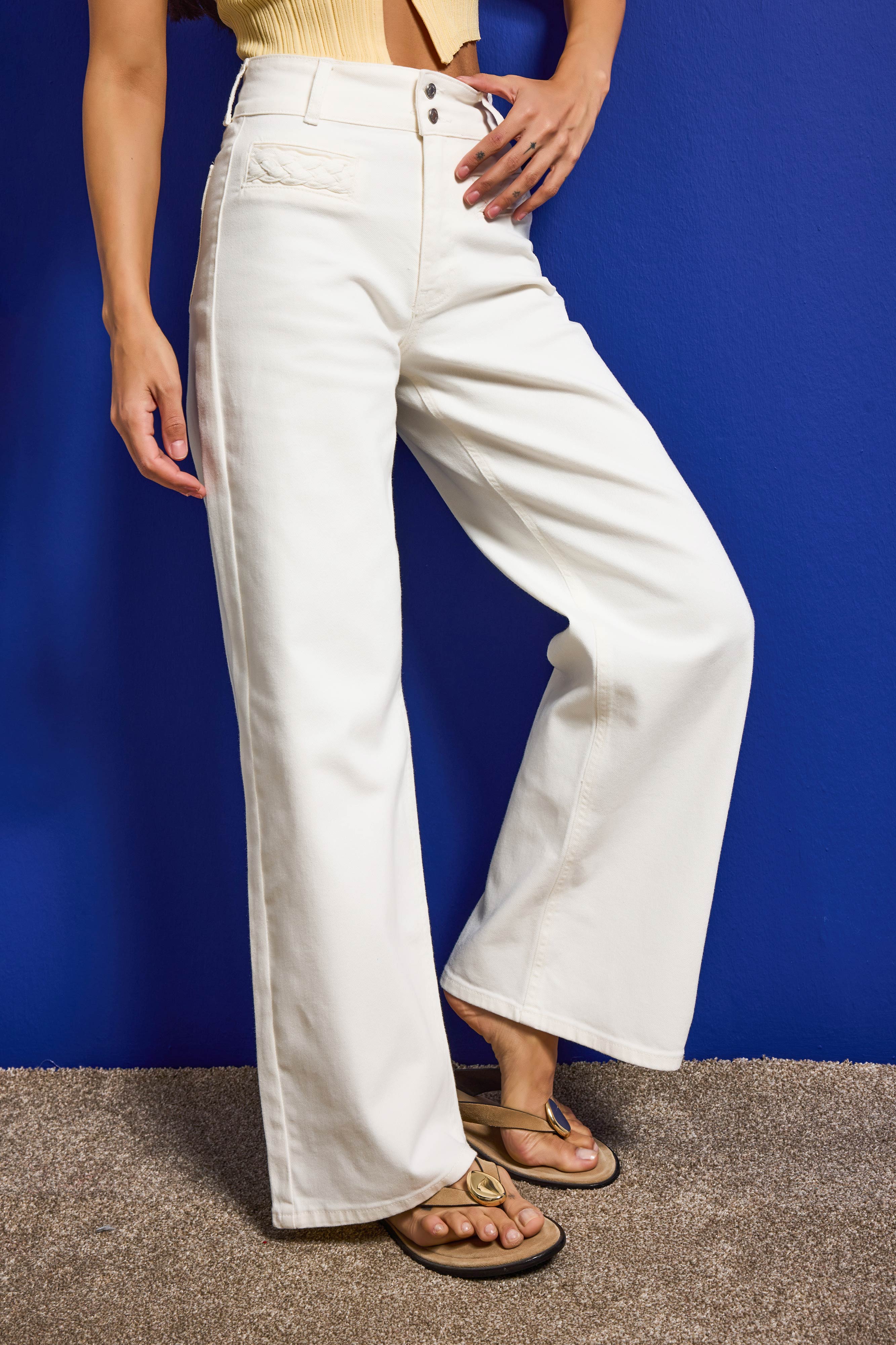 Kadın Kırık Beyaz 7s6-101 Wide Leg Yüksek Bel Elastan Kumaş Denim Jean