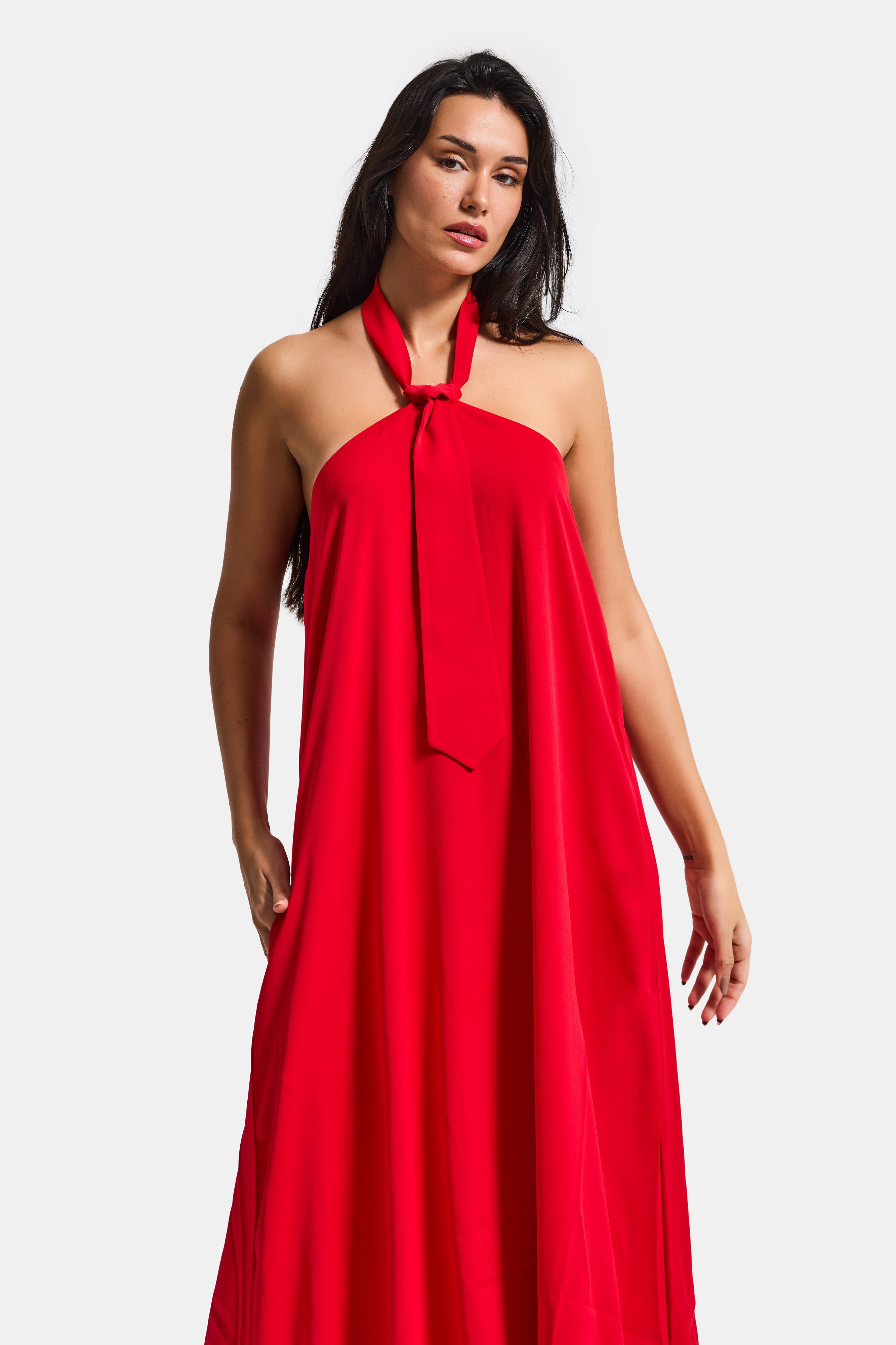 Kadın Kırmız Renk Bol Kesim Kravat Detaylı Boyundan Bağlamalı Tasarım Elbise