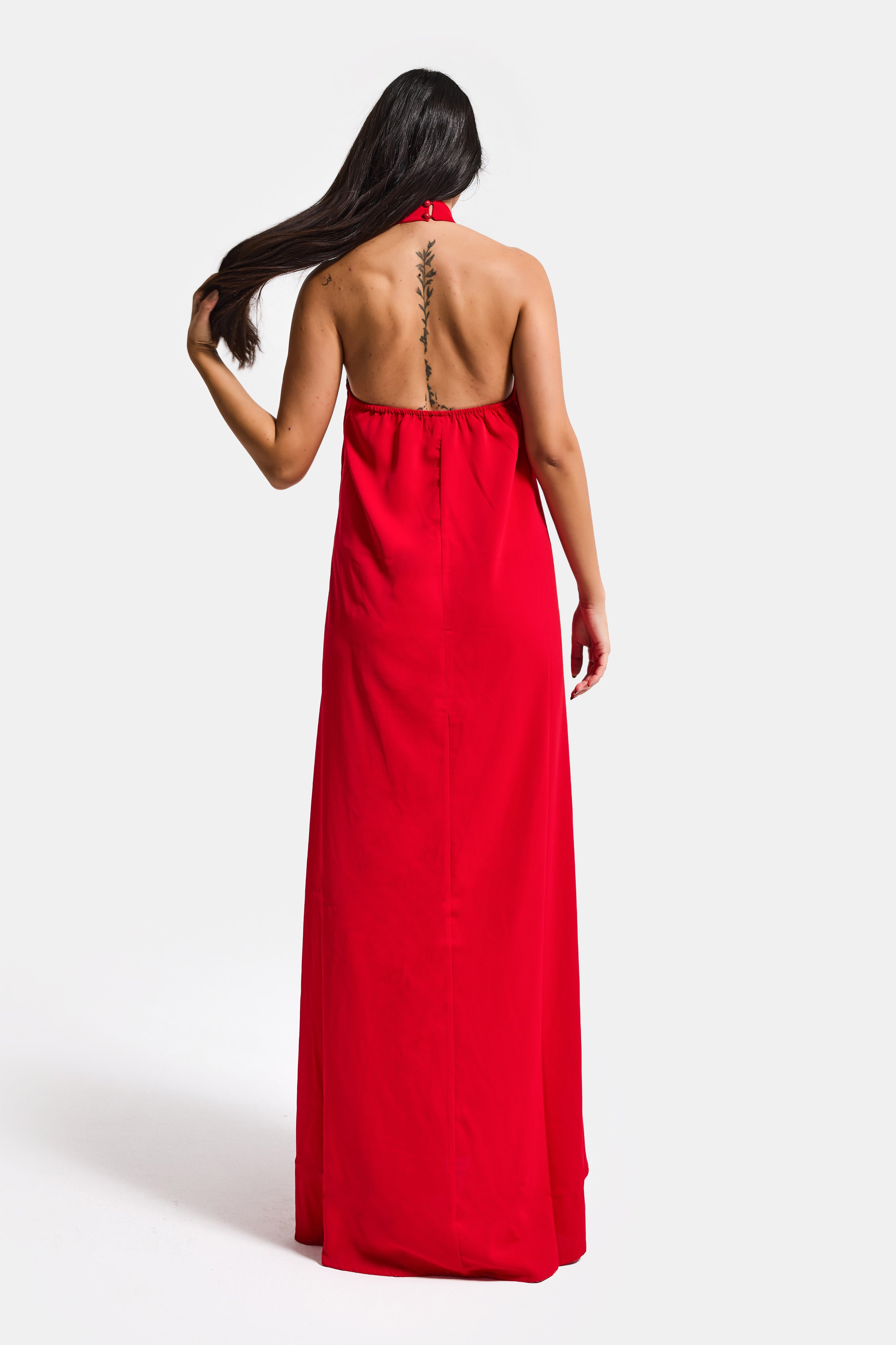 Kadın Kırmız Renk Bol Kesim Kravat Detaylı Boyundan Bağlamalı Tasarım Elbise