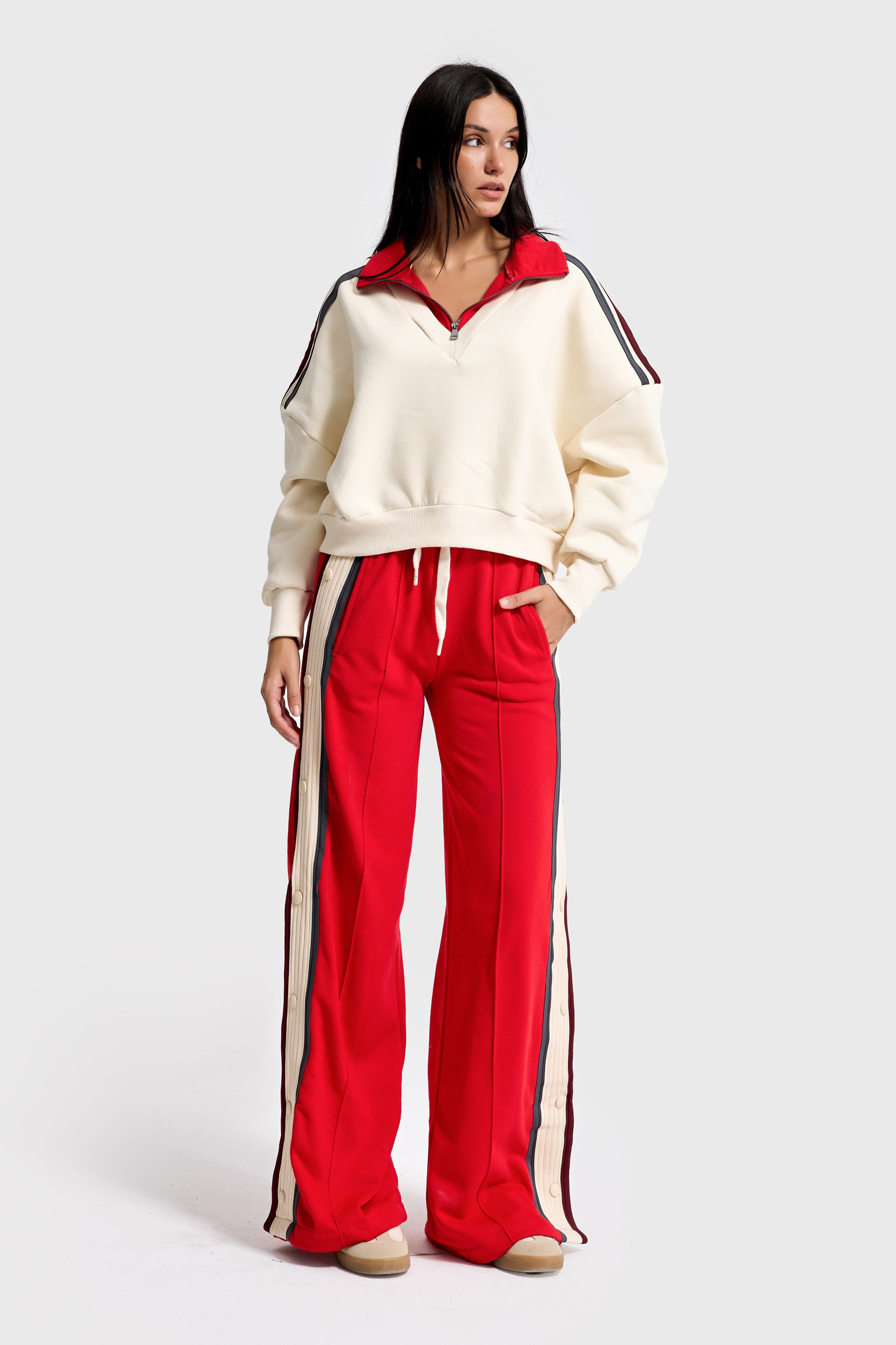 Kadın Kırmızı Bej w5-105 Sweatshirt Eşofman Pantolon 2'li Tasarım Takım