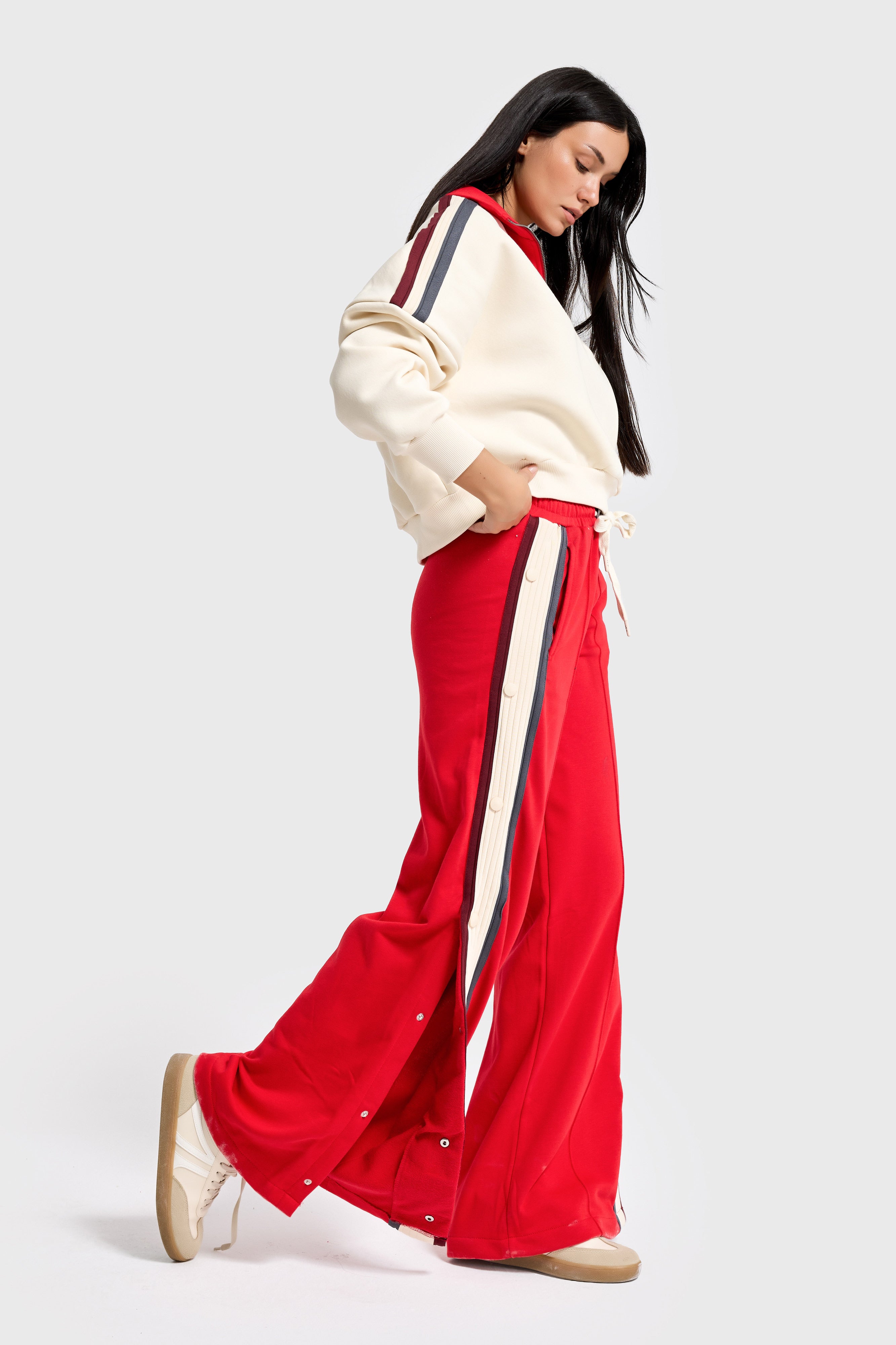 Kadın Kırmızı Bej w5-105 Sweatshirt Eşofman Pantolon 2'li Tasarım Takım