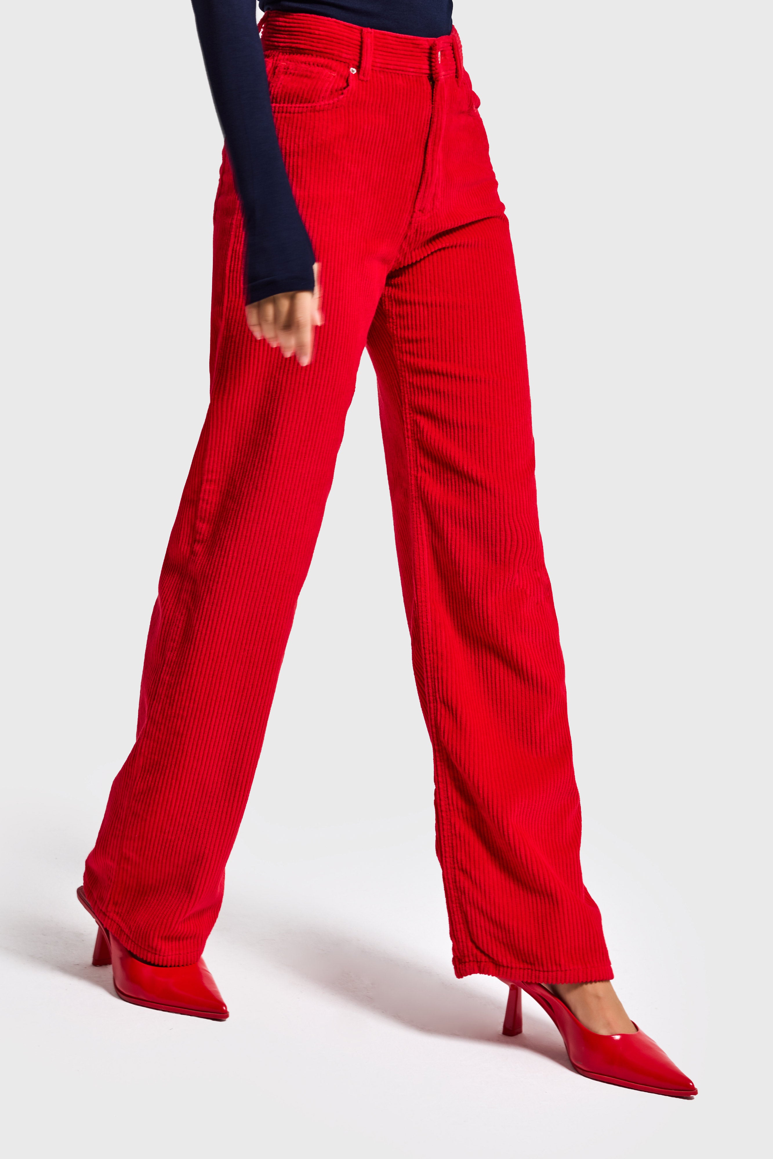 Kadın Kırmızı Doris 26w5-19 Straight Fit Yüksek Bel Kalın Fitilli Kadife Velvet Kumaş Pantolon