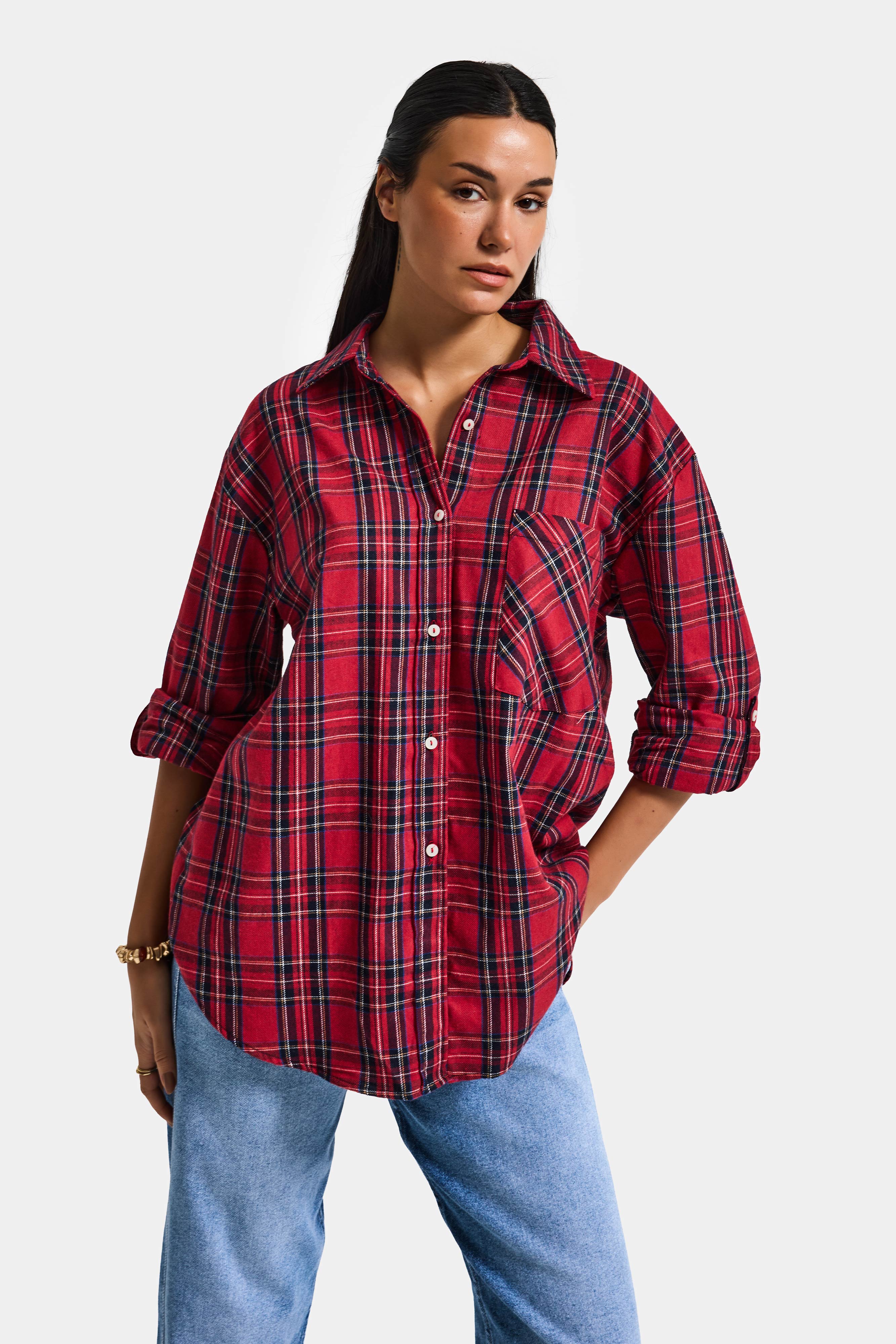 Kadın Kırmızı Ekose s6-11 Oversize Bol Kesim Pamuk Gömlek