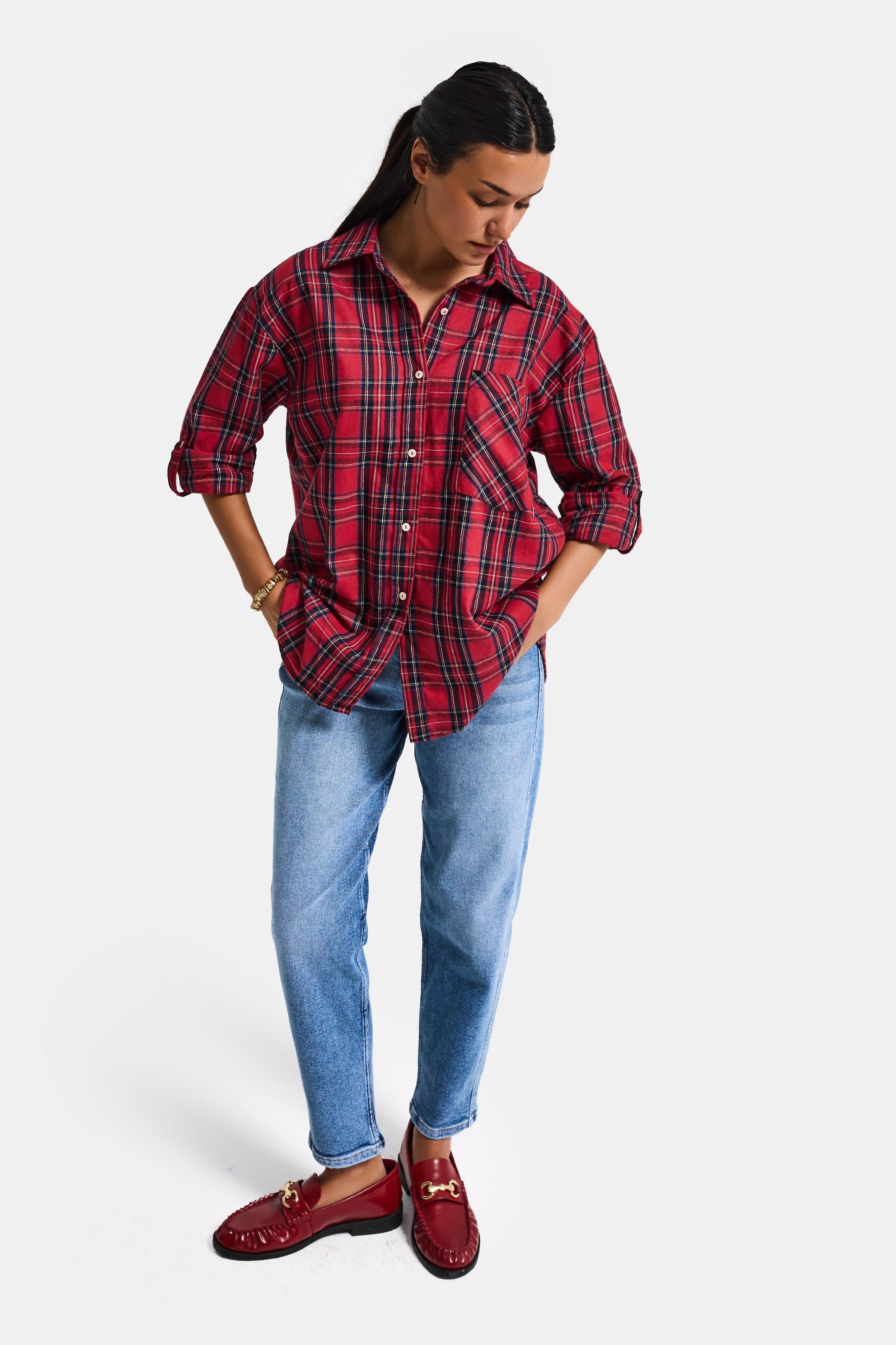 Kadın Kırmızı Ekose s6-11 Oversize Bol Kesim Pamuk Gömlek