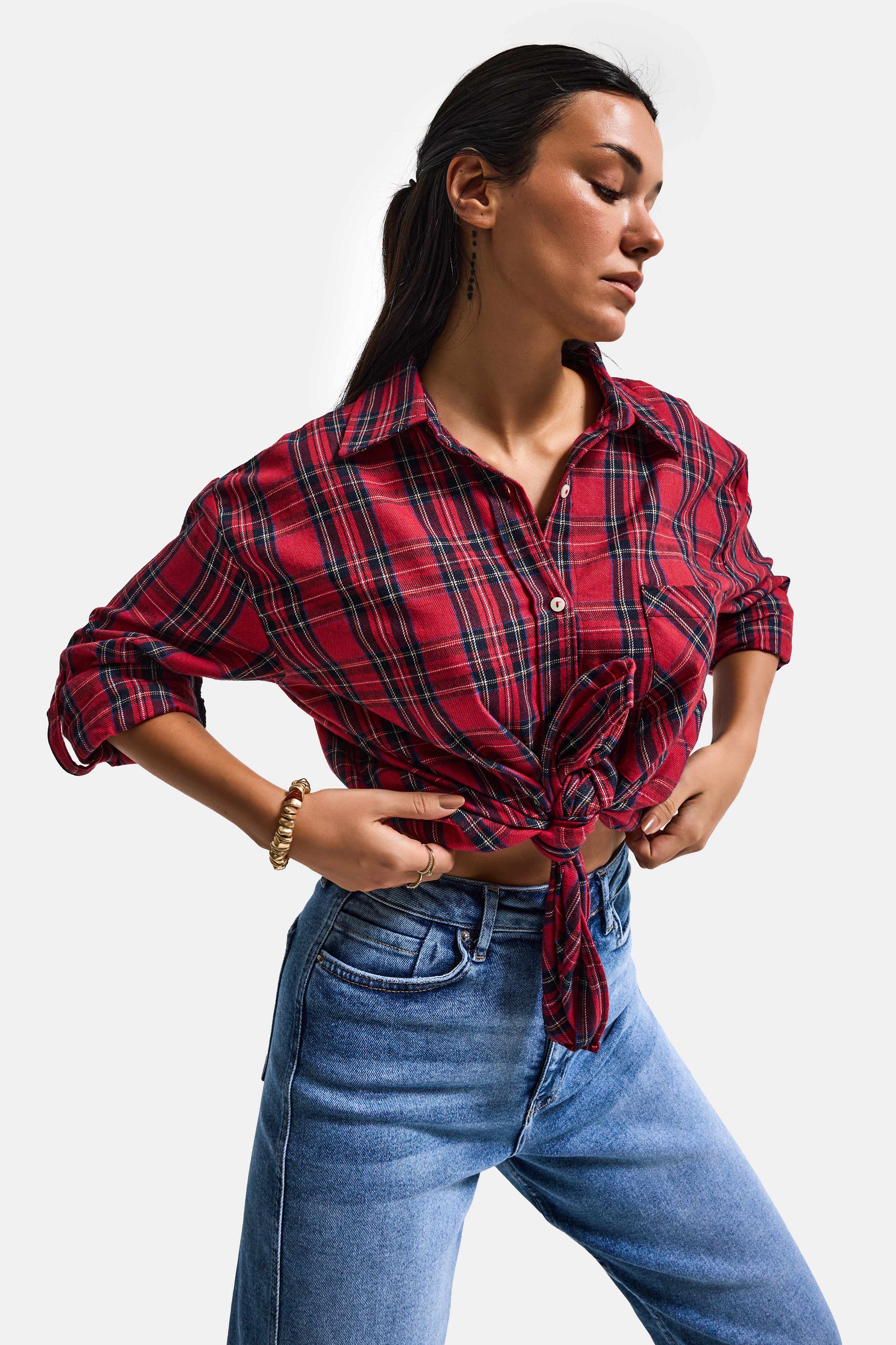 Kadın Kırmızı Ekose s6-11 Oversize Bol Kesim Pamuk Gömlek