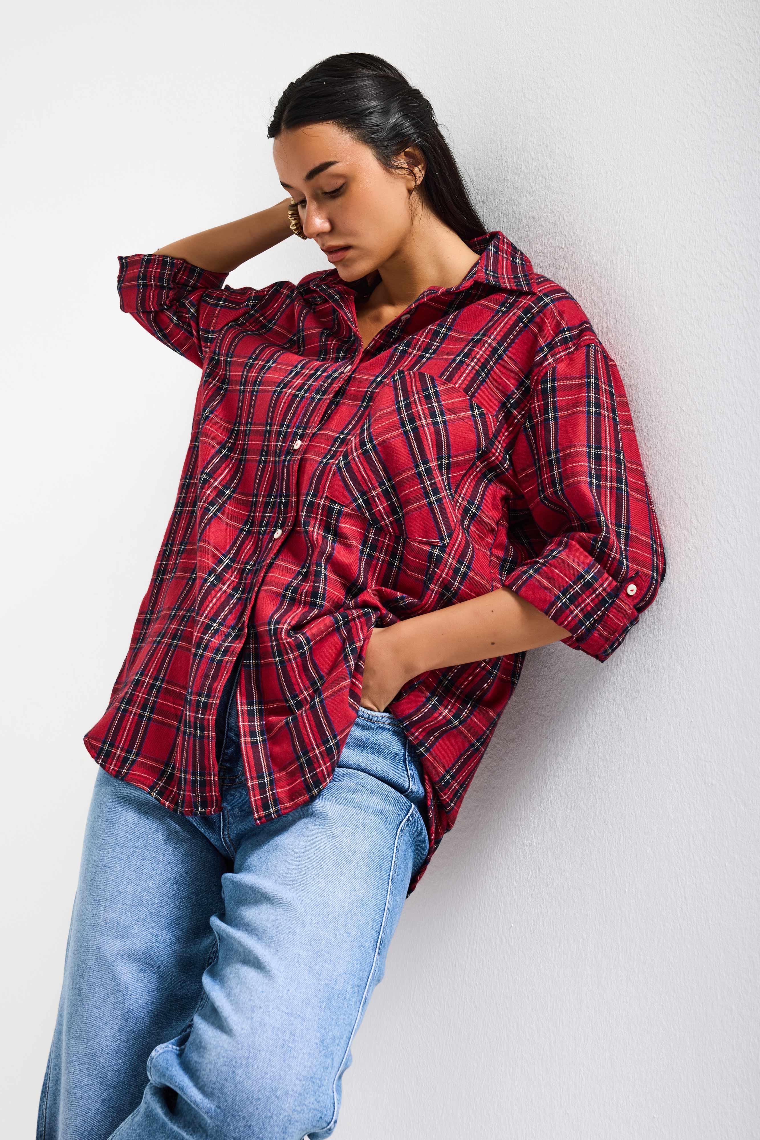 Kadın Kırmızı Ekose s6-11 Oversize Bol Kesim Pamuk Gömlek