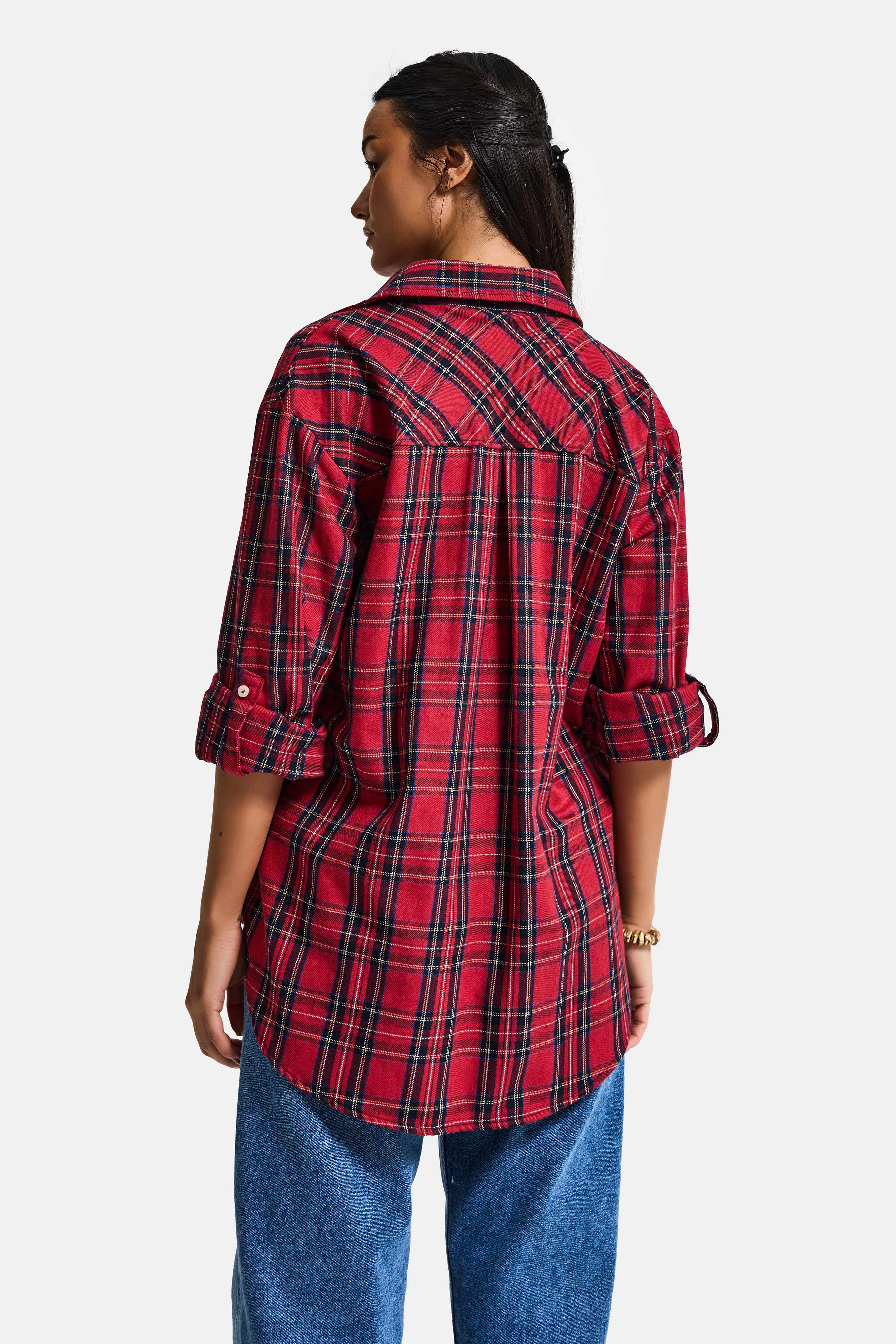 Kadın Kırmızı Ekose s6-11 Oversize Bol Kesim Pamuk Gömlek