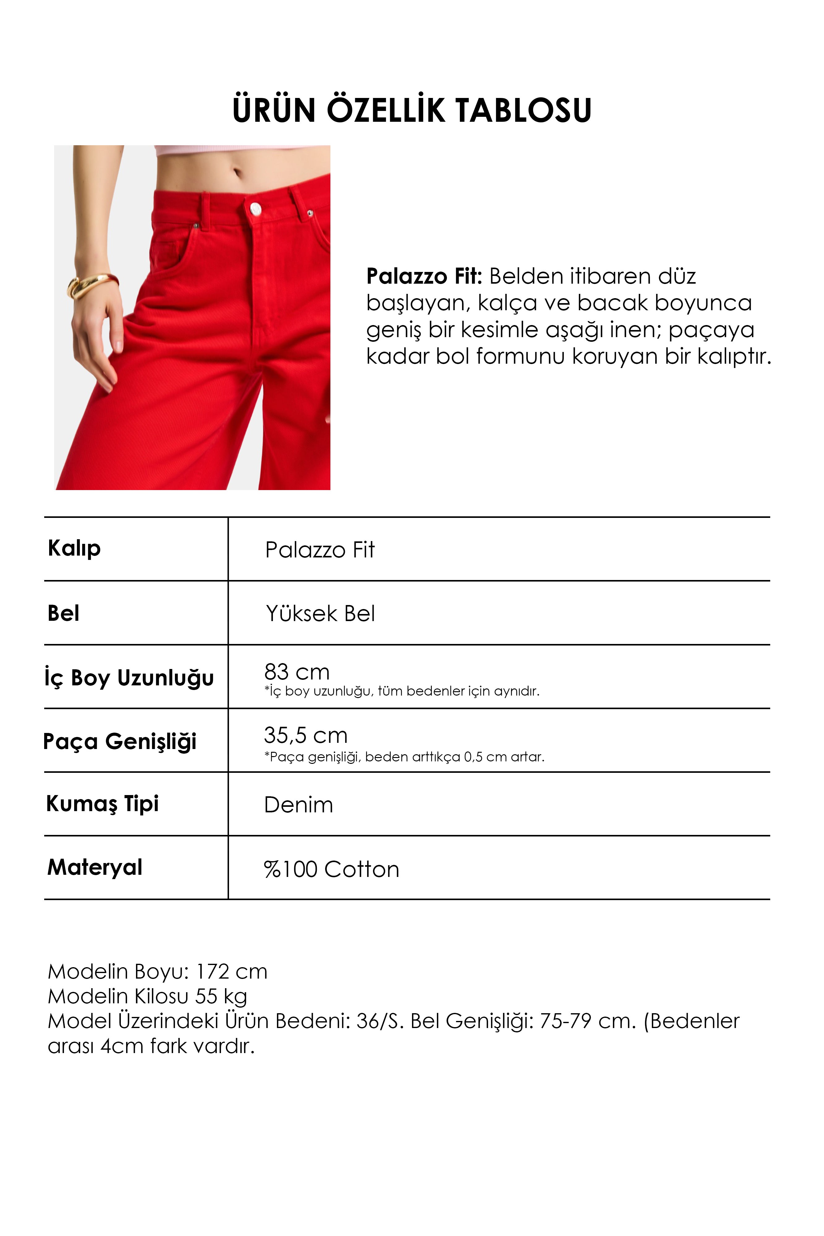Kadın Kırmızı Hera 6s6-19 Palazzo Fit Bol Kesim Denim Jean