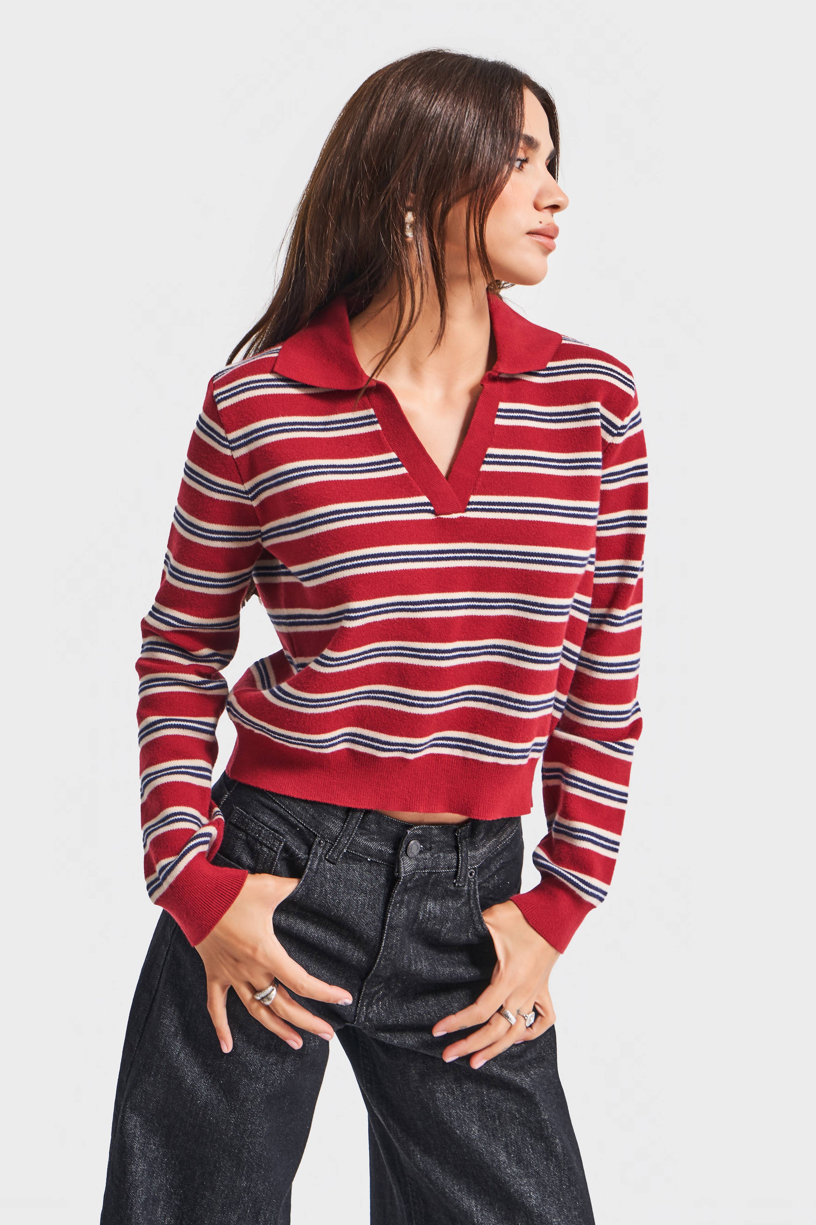 Kadın Kırmızı İndigo Renk w5-35 Polo Yaka Çizgili Rahat Kesim Örme Triko Swetshirt