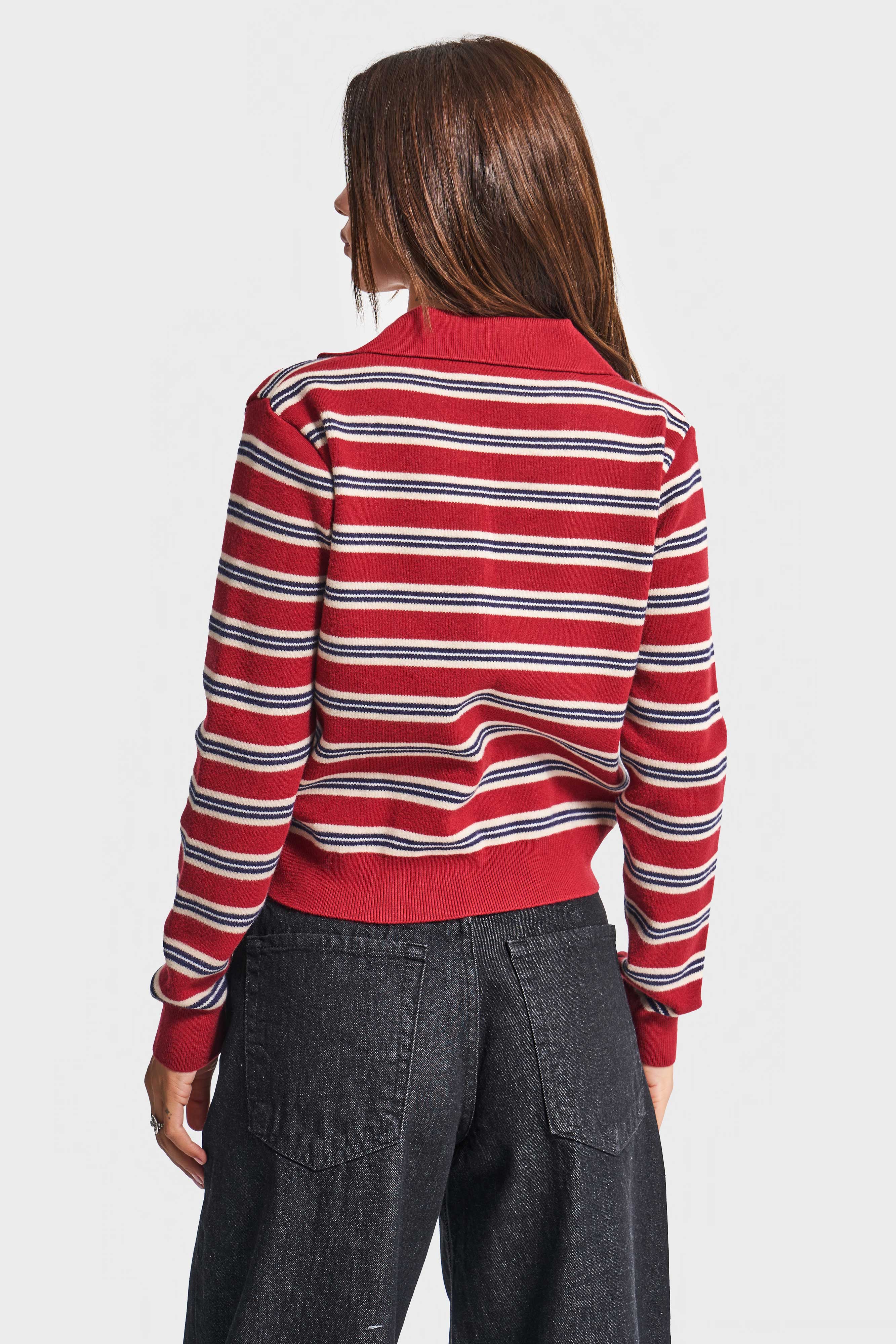 Kadın Kırmızı İndigo Renk w5-35 Polo Yaka Çizgili Rahat Kesim Örme Triko Swetshirt