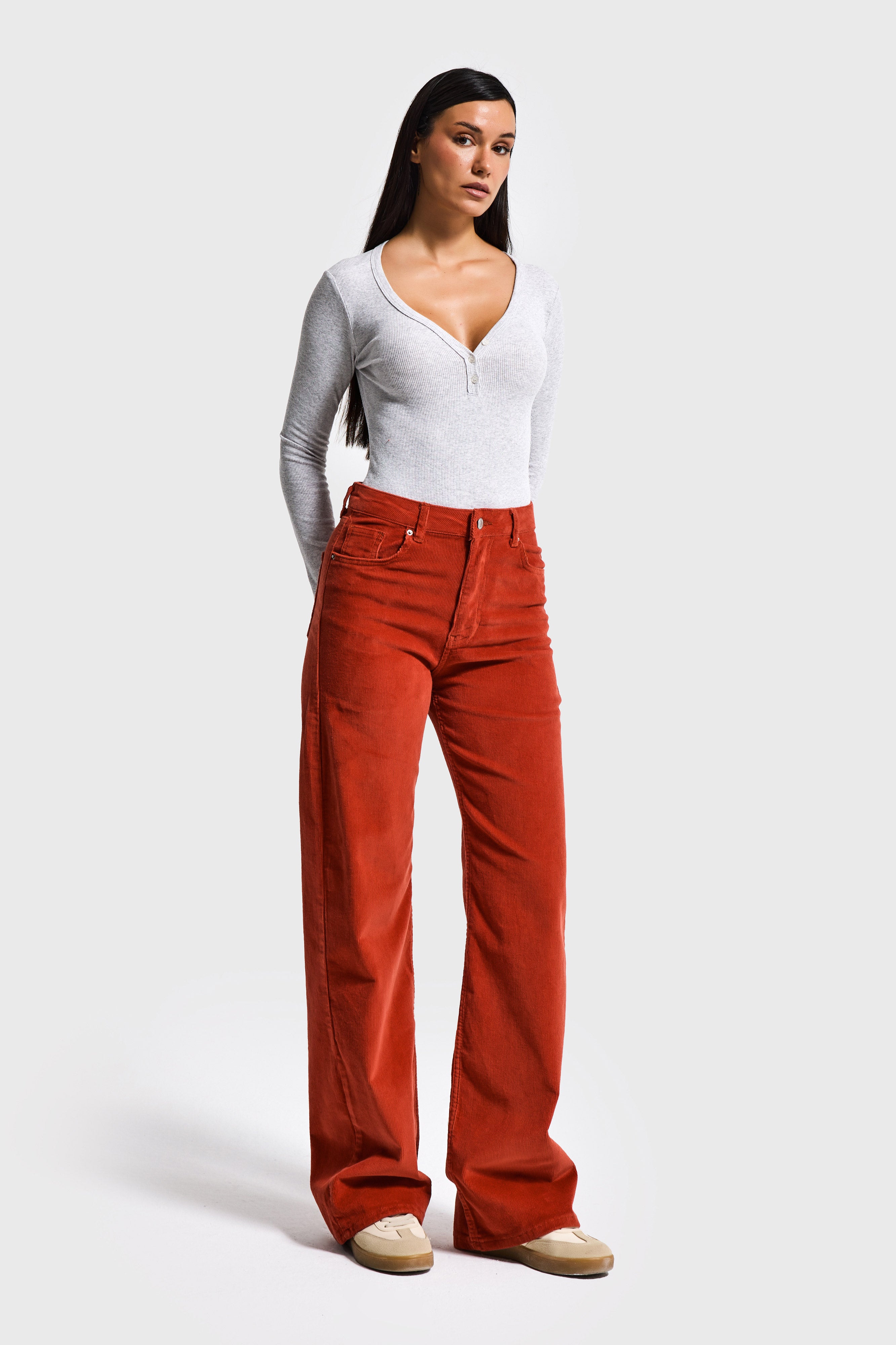 Kadın Kiremit Renk 26w5-104 İnce Fitilli Kadife Kumaş Straight Fit Pantolon