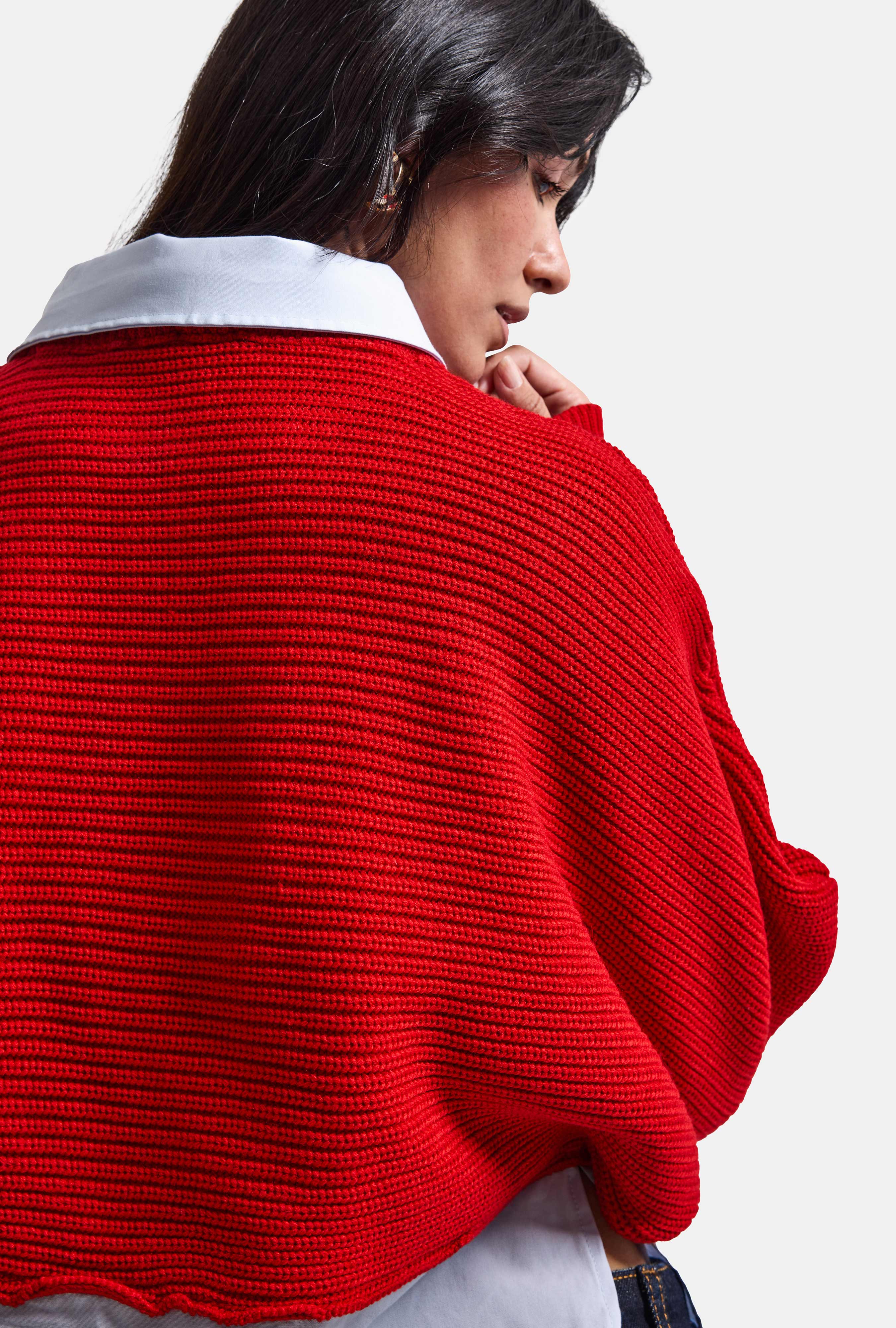 Kadın Kırmızı w6-19 Oversize Tek Parça Gömlek Yaka Detaylı Tasarım Triko Kazak