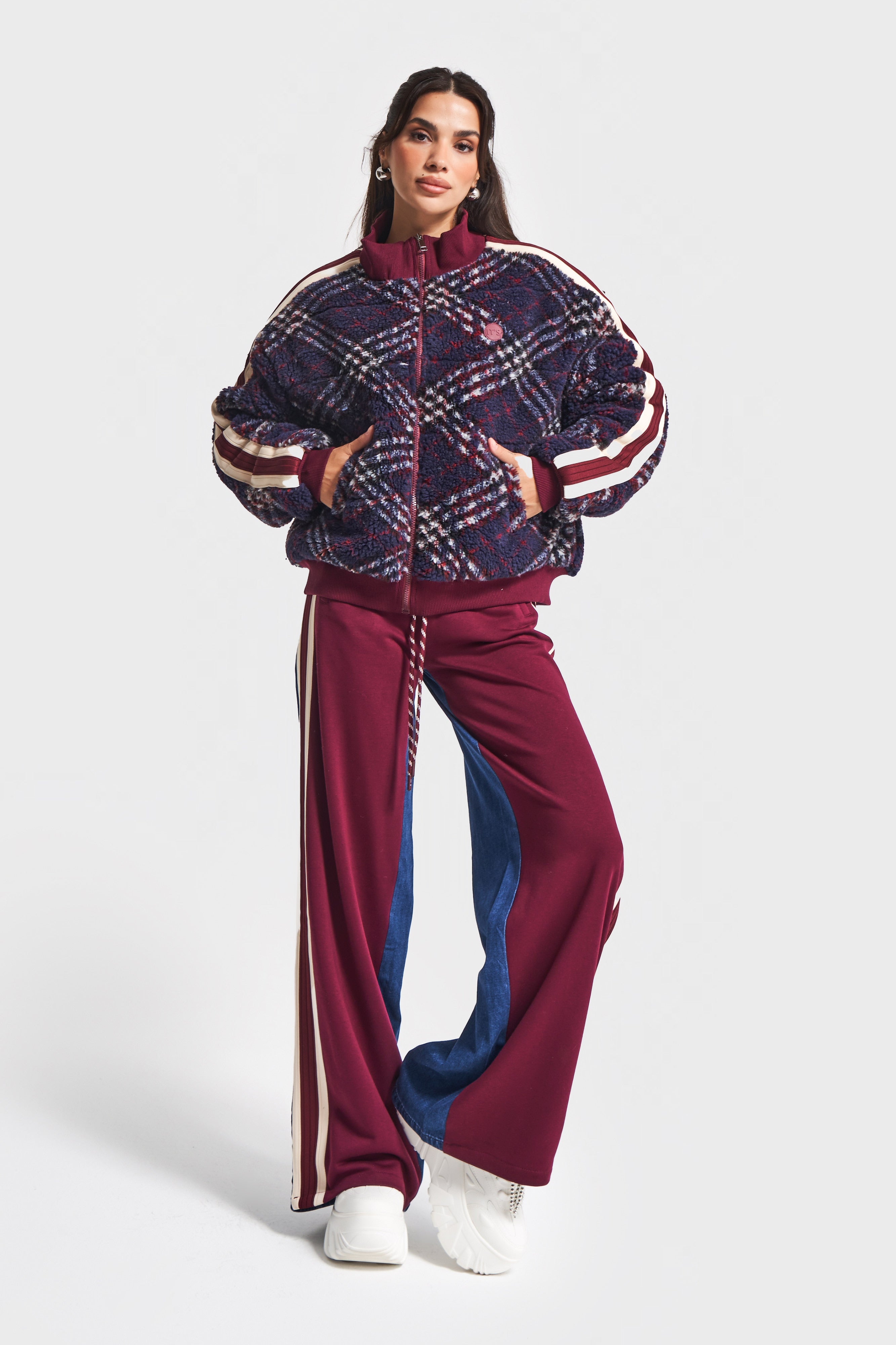 Kadın Kot Bordo Renk w5-35 Mont Pantolon 2'li Kombin Tasarım Takım