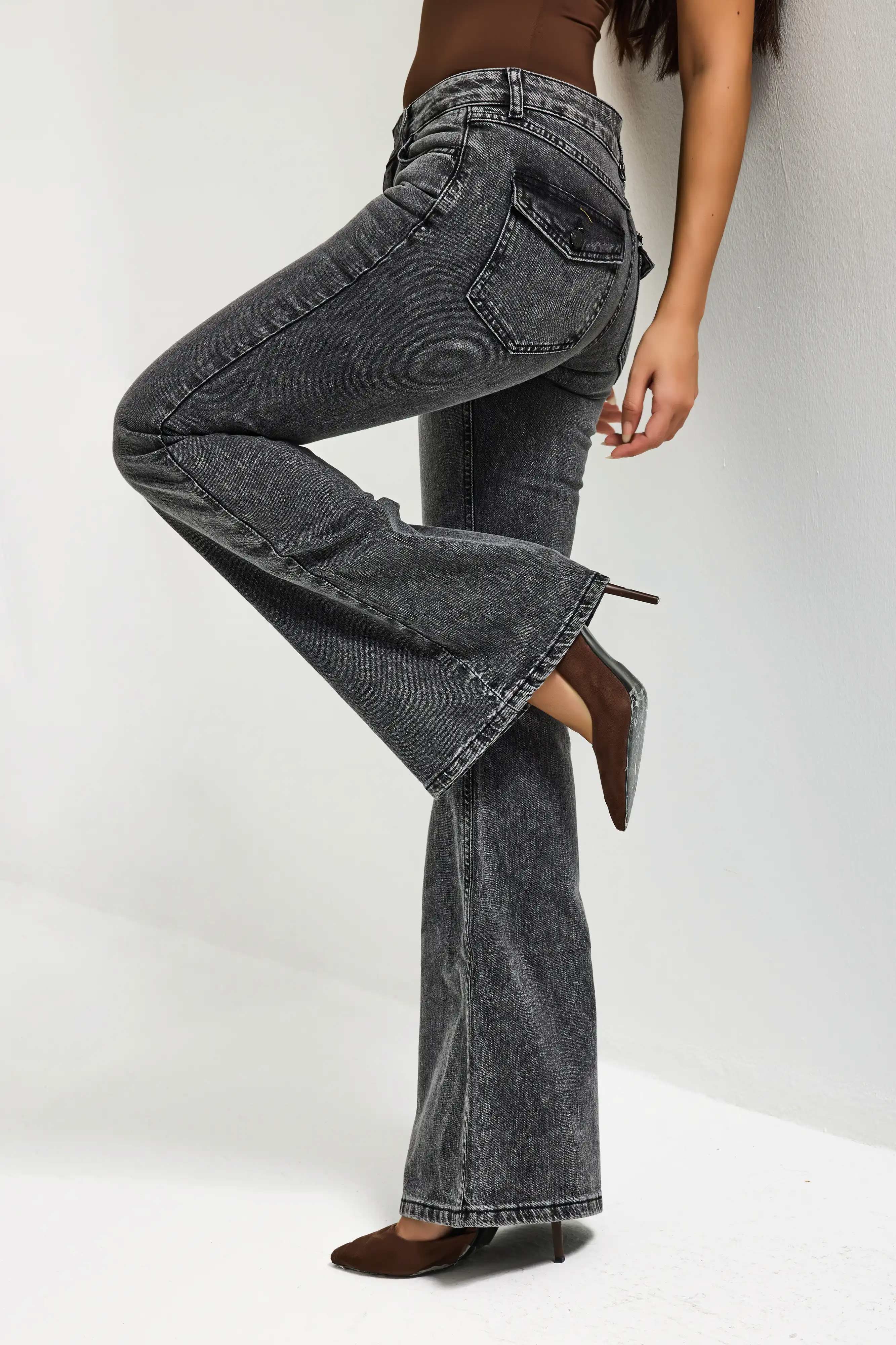 Kadın Kot Füme 4s6-14 SLN05 Mide Rise Flare Fit Süper Esnek Kumaş İç Boy 83cm Denim Jean