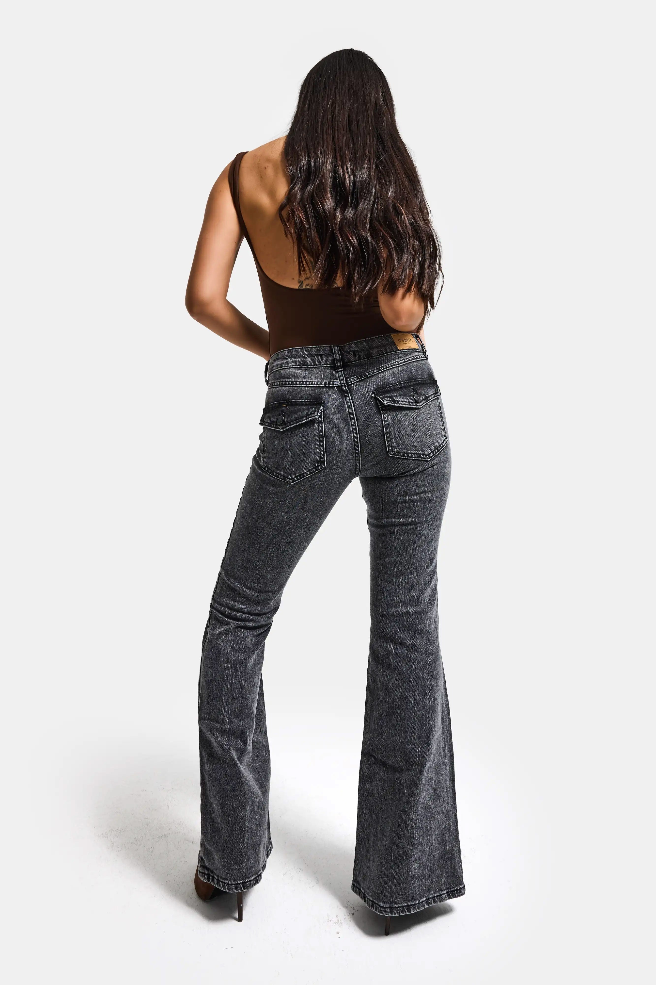 Kadın Kot Füme 4s6-14 SLN05 Mide Rise Flare Fit Süper Esnek Kumaş İç Boy 83cm Denim Jean