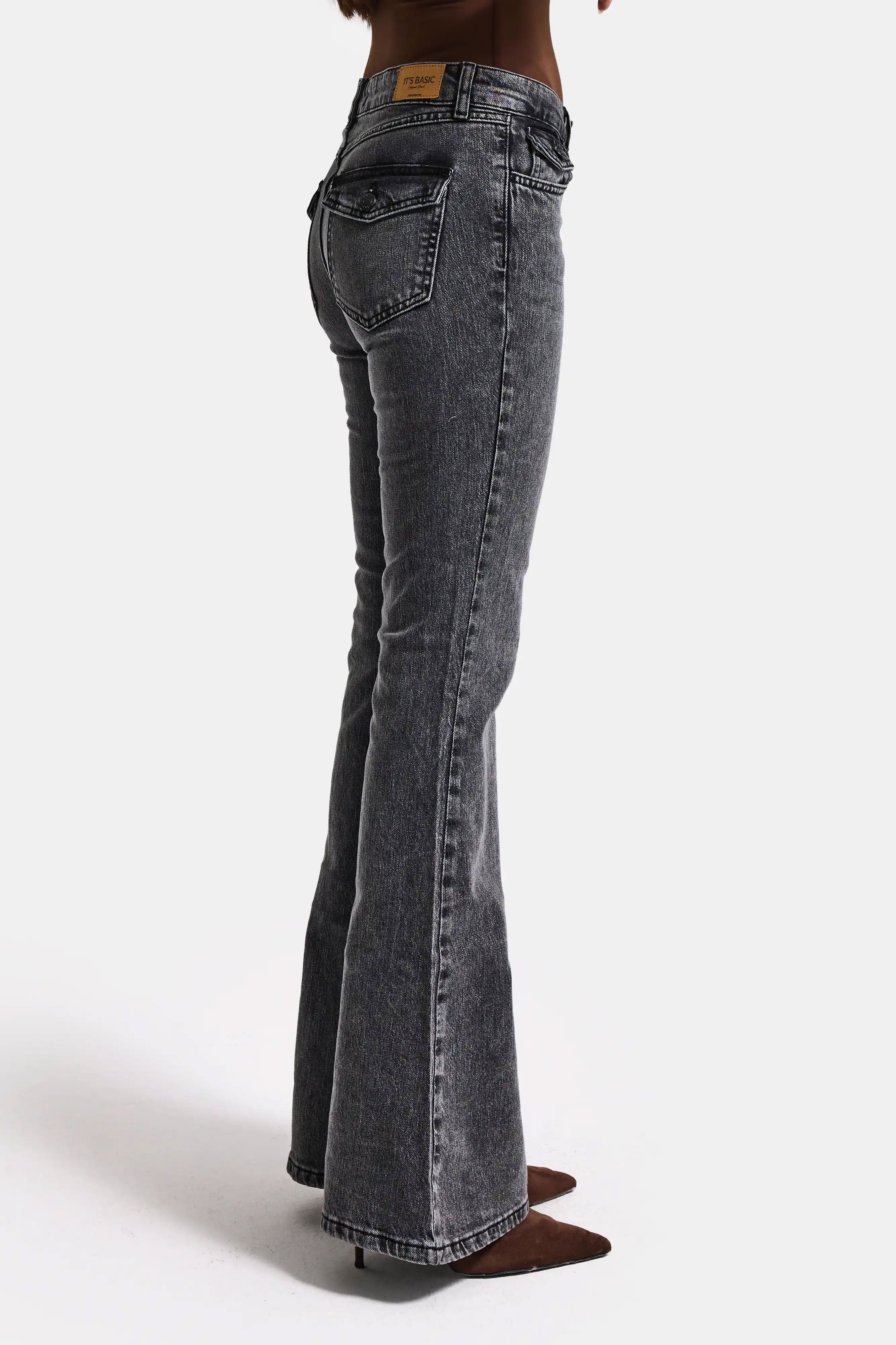 Kadın Kot Füme 4s6-14 SLN05 Mide Rise Flare Fit Süper Esnek Kumaş İç Boy 83cm Denim Jean