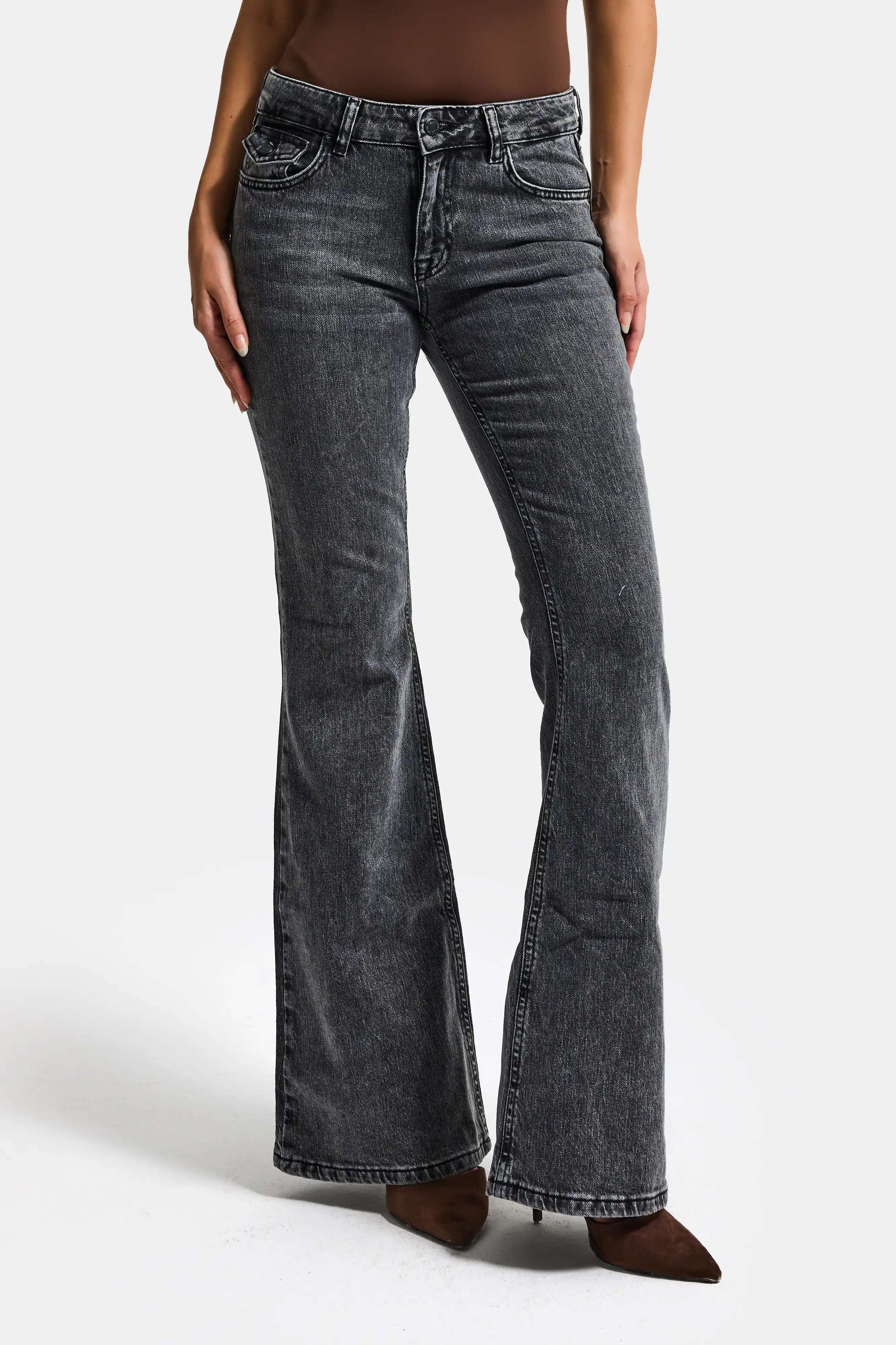 Kadın Kot Füme 4s6-14 SLN05 Mide Rise Flare Fit Süper Esnek Kumaş İç Boy 83cm Denim Jean