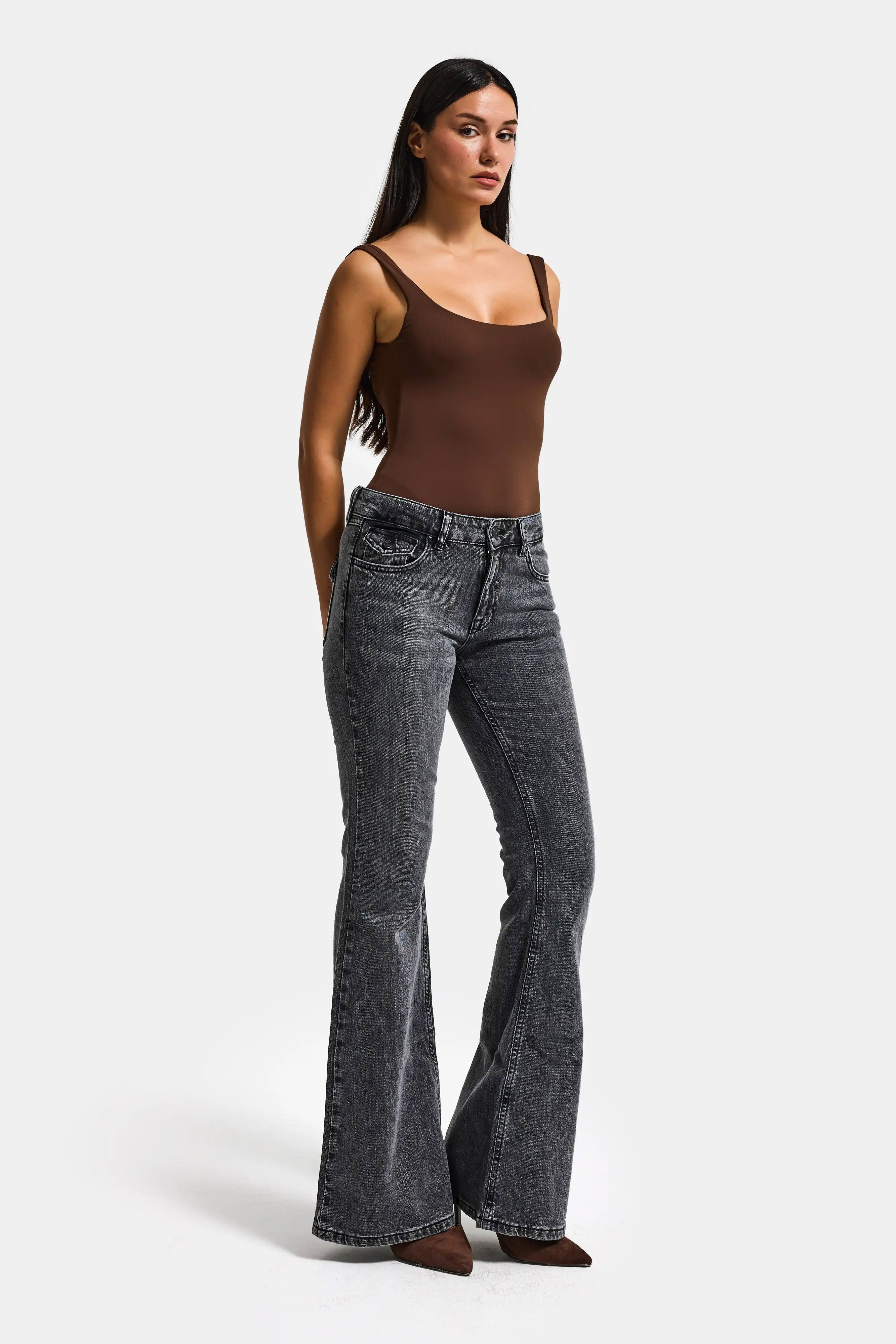 Kadın Kot Füme 4s6-14 SLN05 Mide Rise Flare Fit Süper Esnek Kumaş İç Boy 83cm Denim Jean