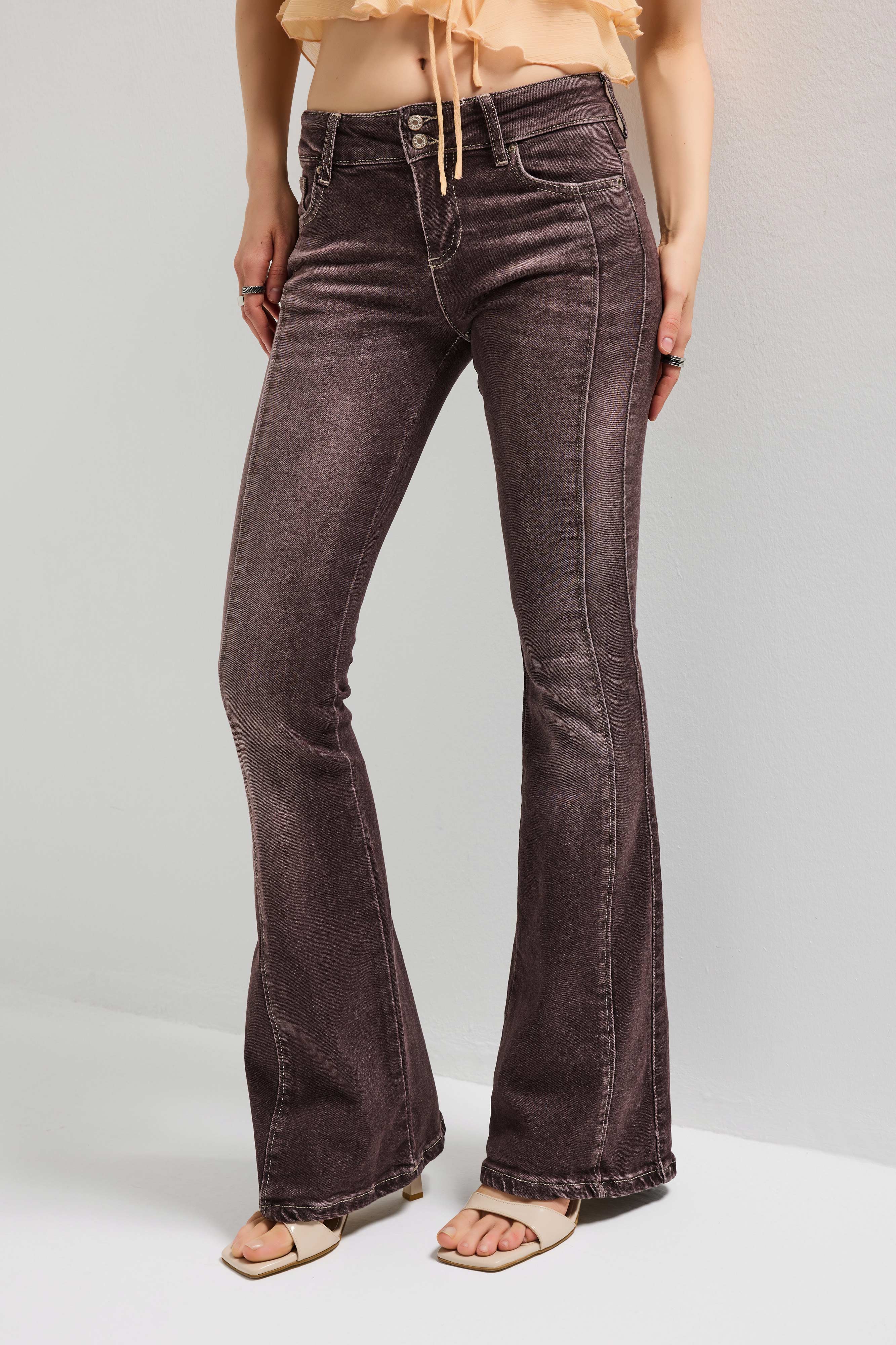 Kadın Kot Kahve 4s6-16 SWL Mid Rise Flare Fit Kemer Detaylı Esnek Kumaş Denim Jean