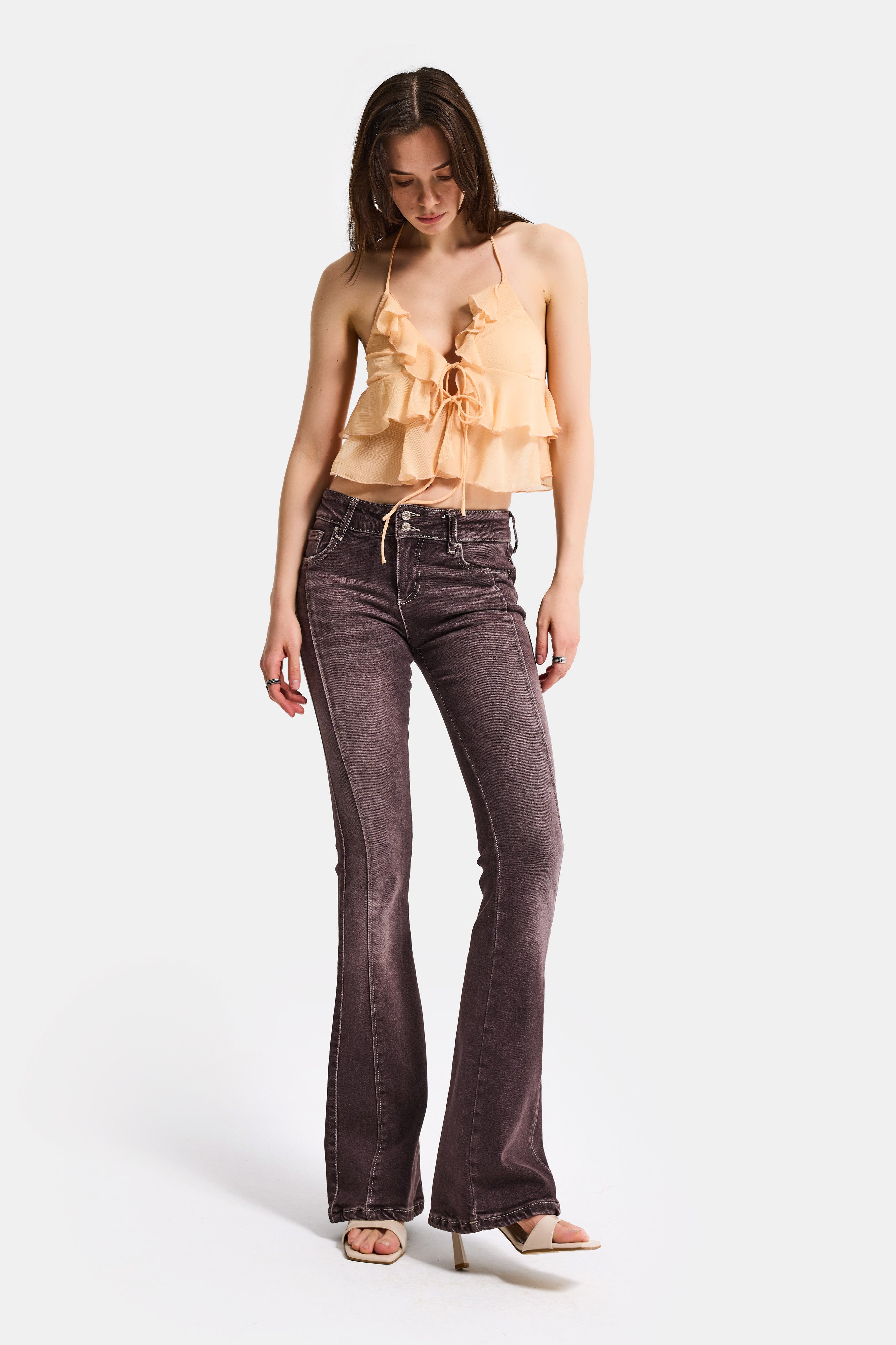 Kadın Kot Kahve 4s6-16 SWL Mid Rise Flare Fit Kemer Detaylı Esnek Kumaş Denim Jean