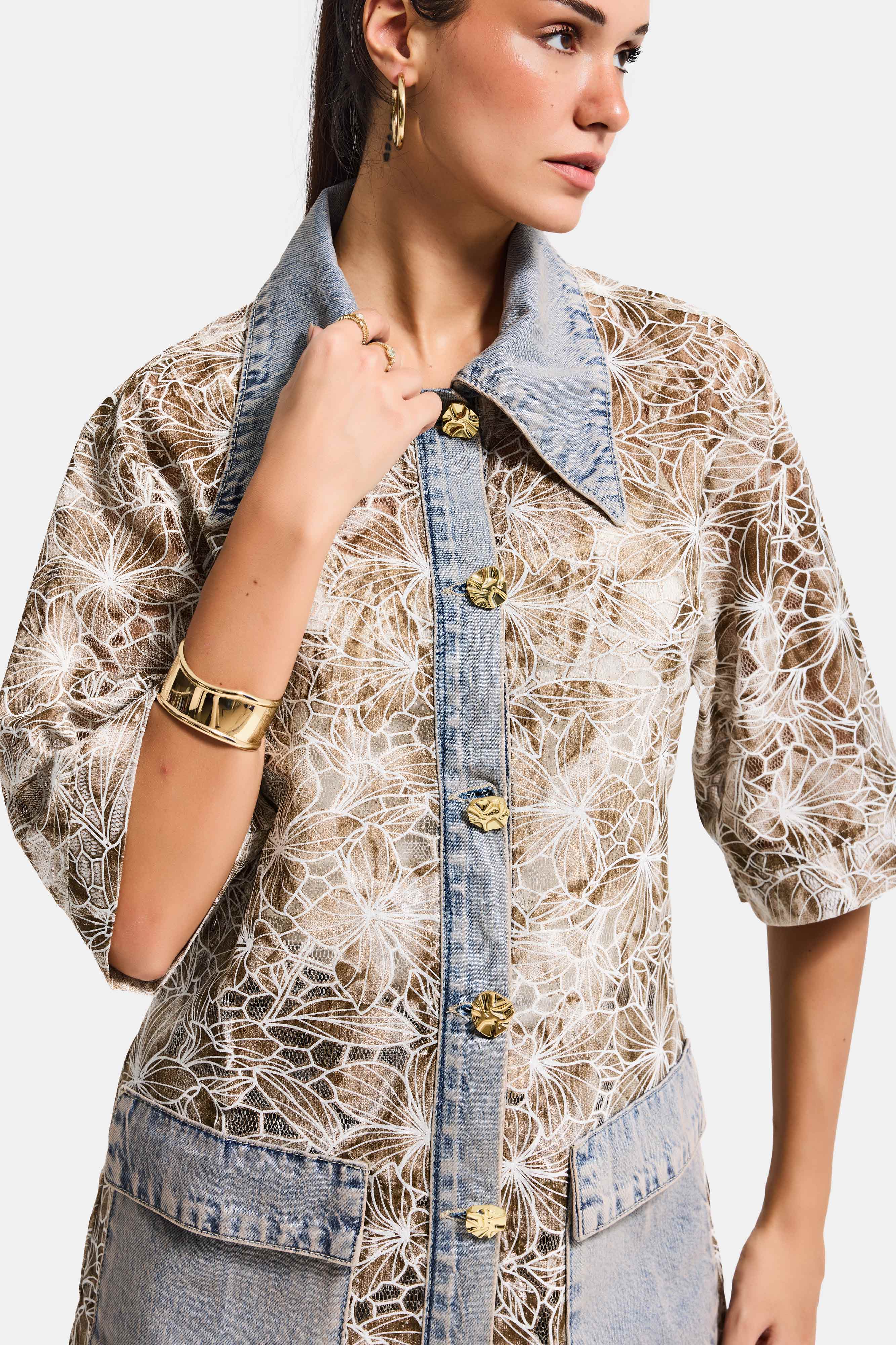 Kadın Kot Kahve 4s6-65 Oversize Özel Tasarım Gül Dantel Detaylı Ceket Gömlek