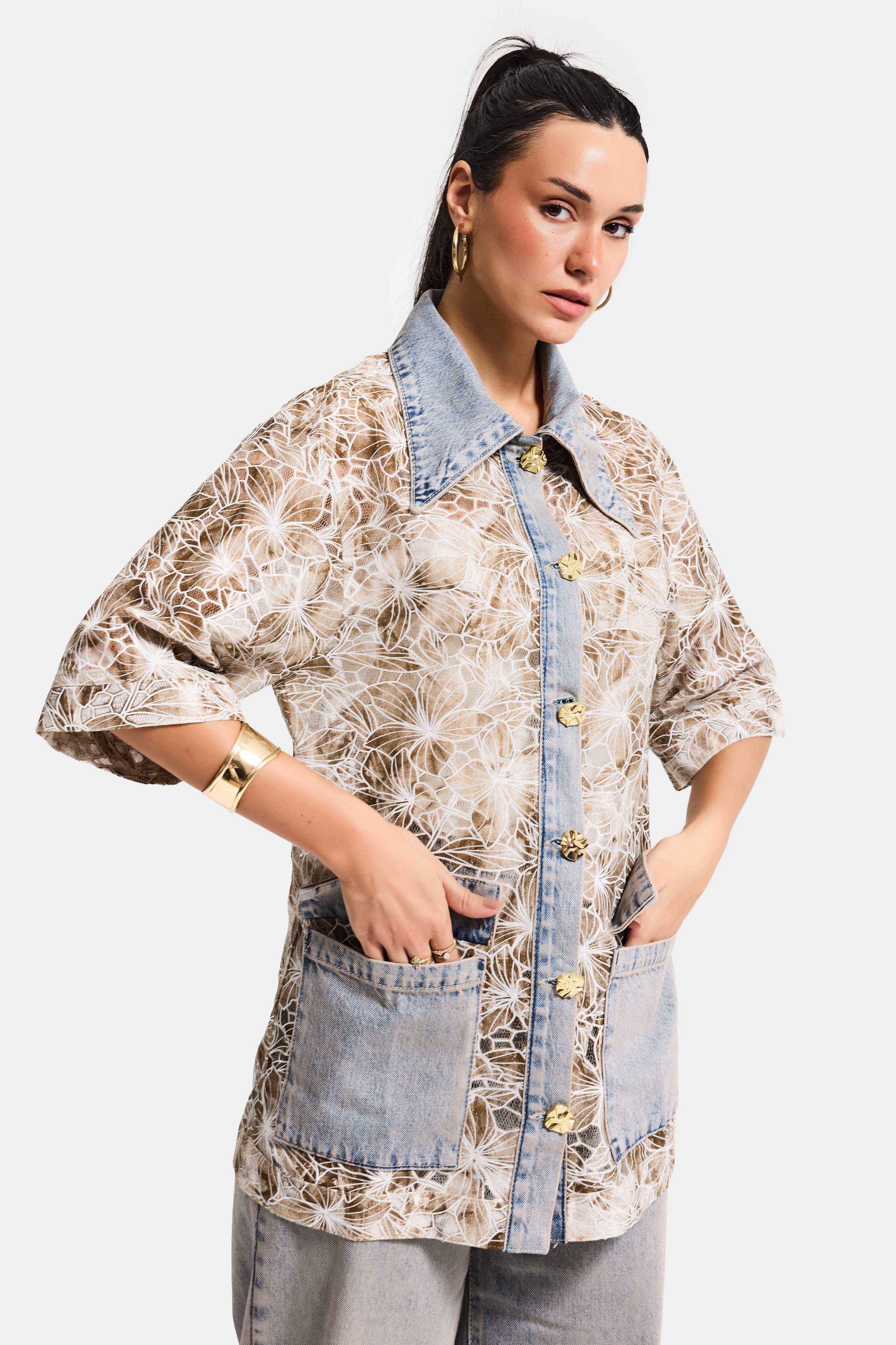 Kadın Kot Kahve 4s6-65 Oversize Özel Tasarım Gül Dantel Detaylı Ceket Gömlek