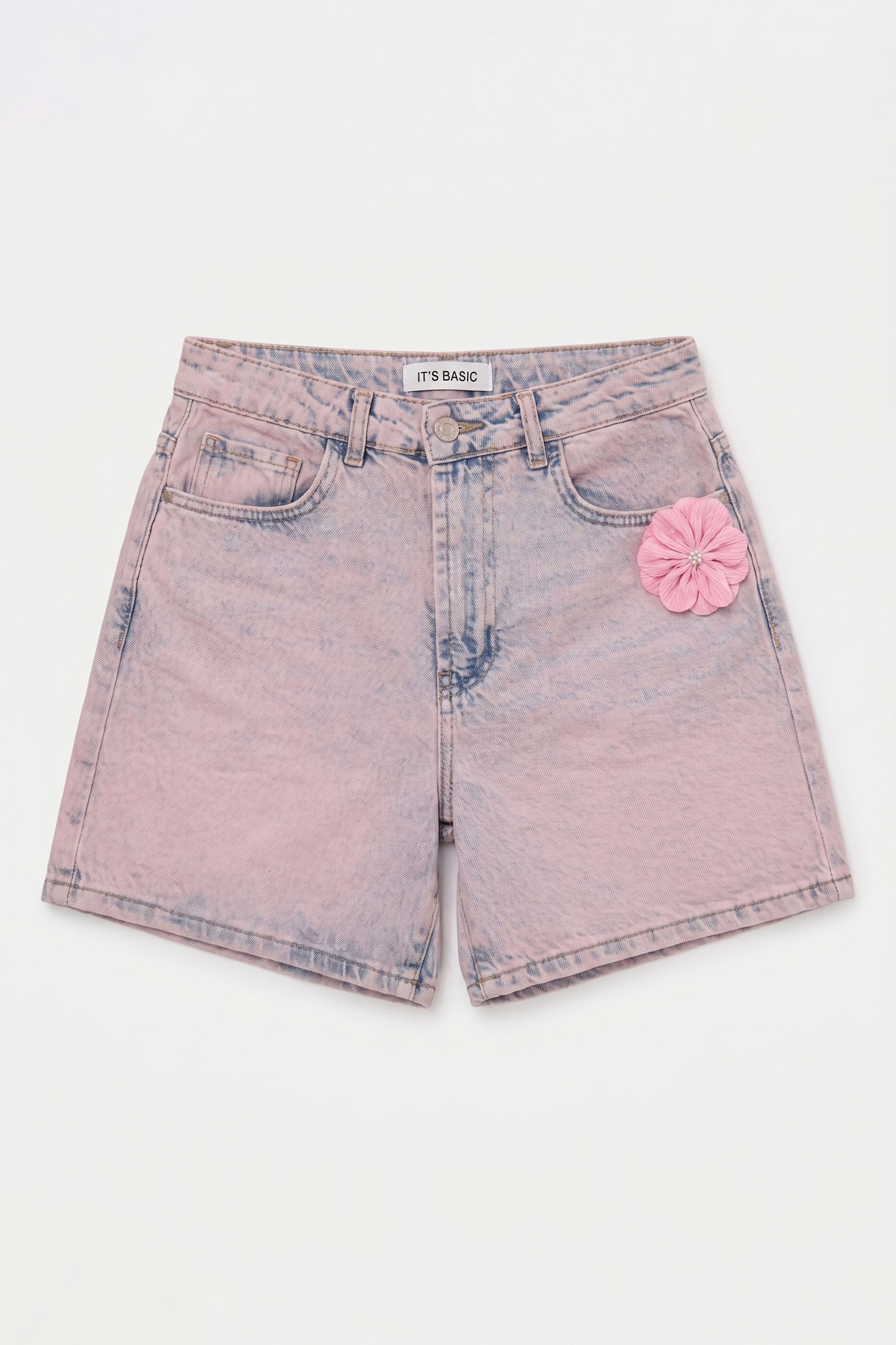 Kadın Kot Pembe 4s6-89 Mom Relax Gül ve Nakış Detaylı Özel Tasarım Denim Şort