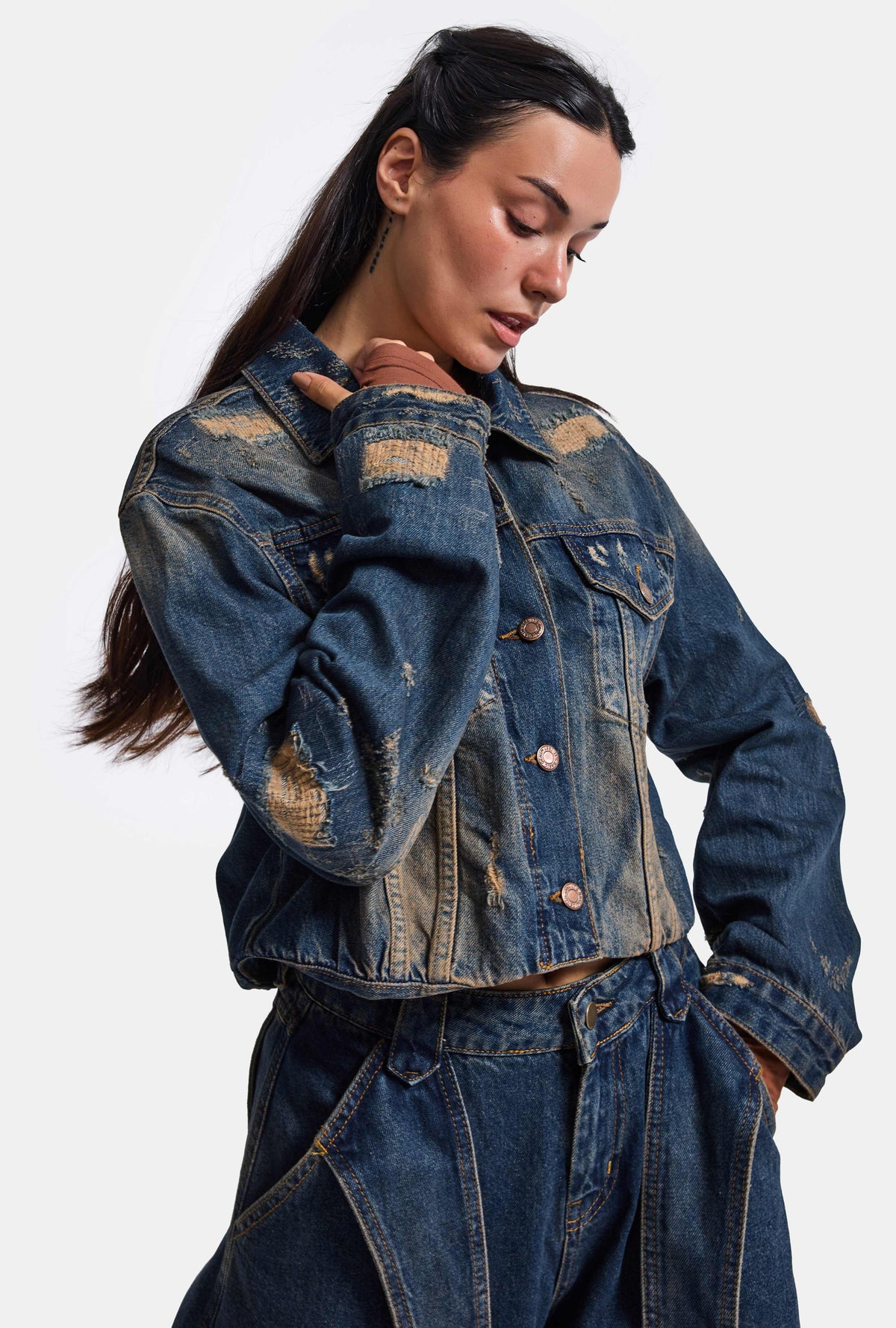 Kadın Kot Rengi 10w6-8 Kemer Boy Oversize Özel Tasarım Denim Ceket