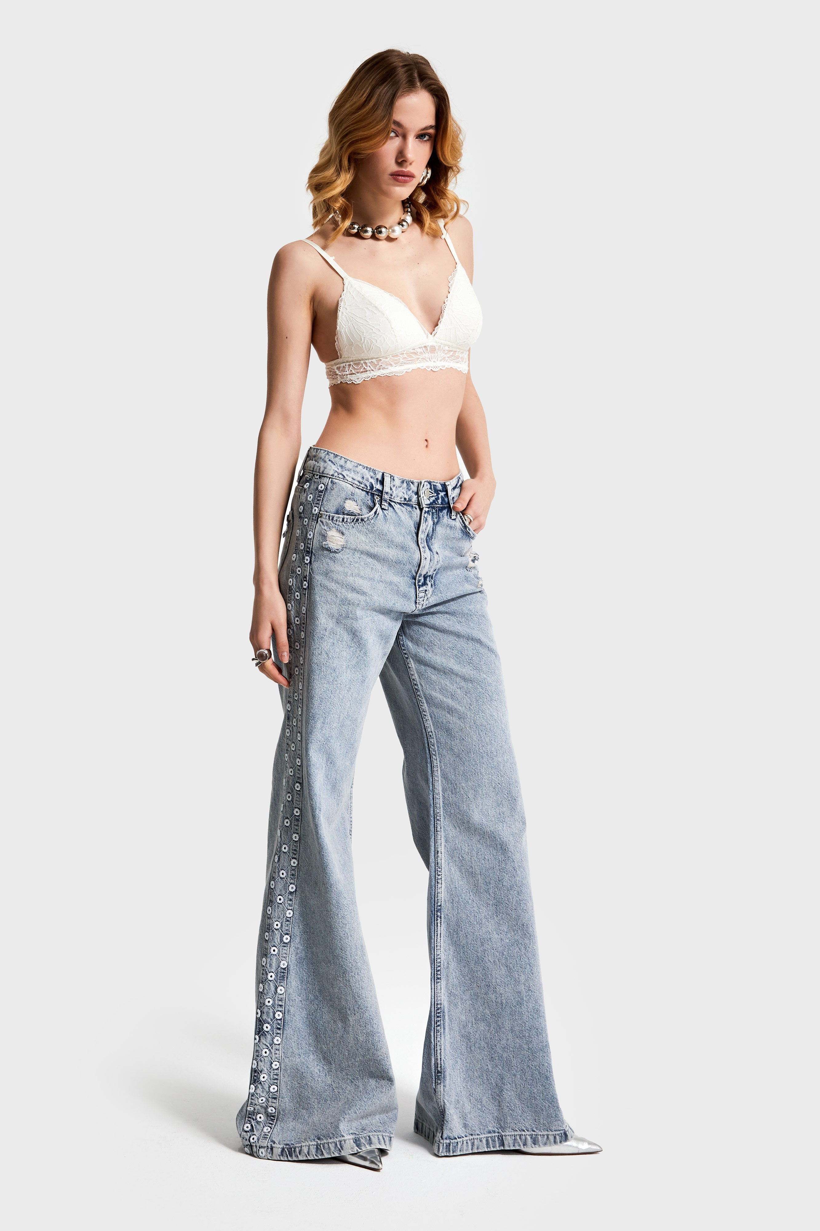 Kadın Kot Rengi 11S565 Yandan Nakışlı Flare Fit %100 Koton Tasarım Denim