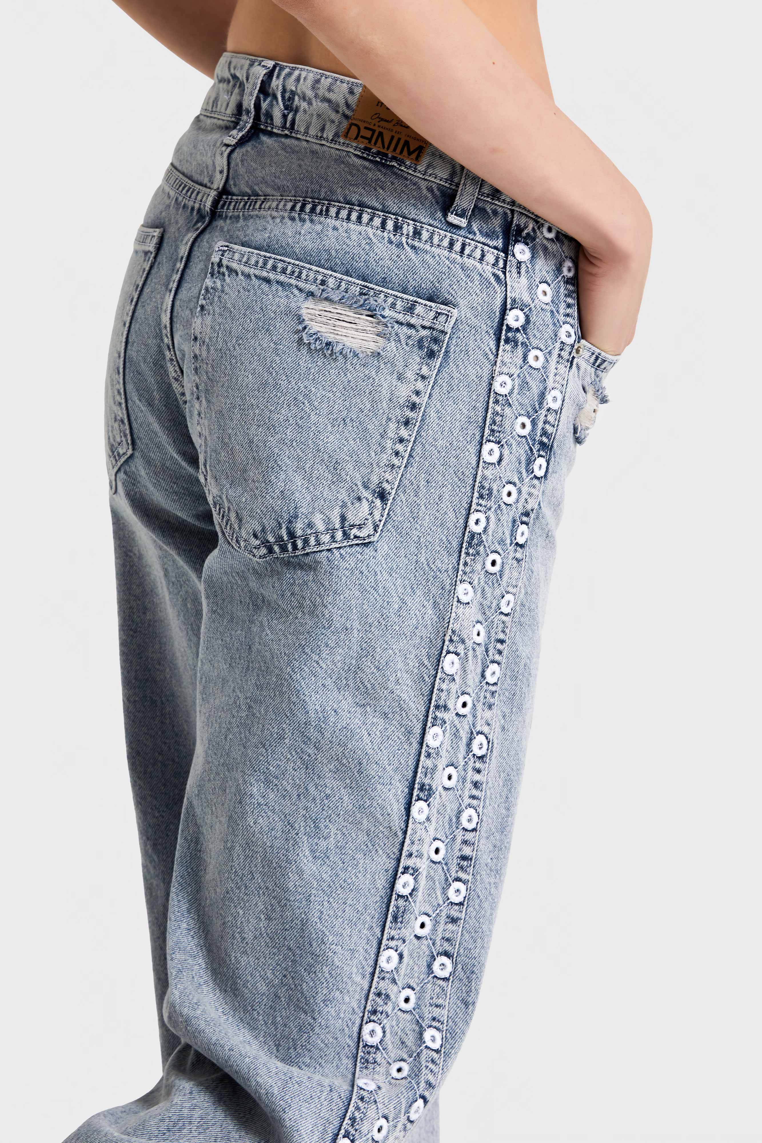 Kadın Kot Rengi 11S565 Yandan Nakışlı Flare Fit %100 Koton Tasarım Denim