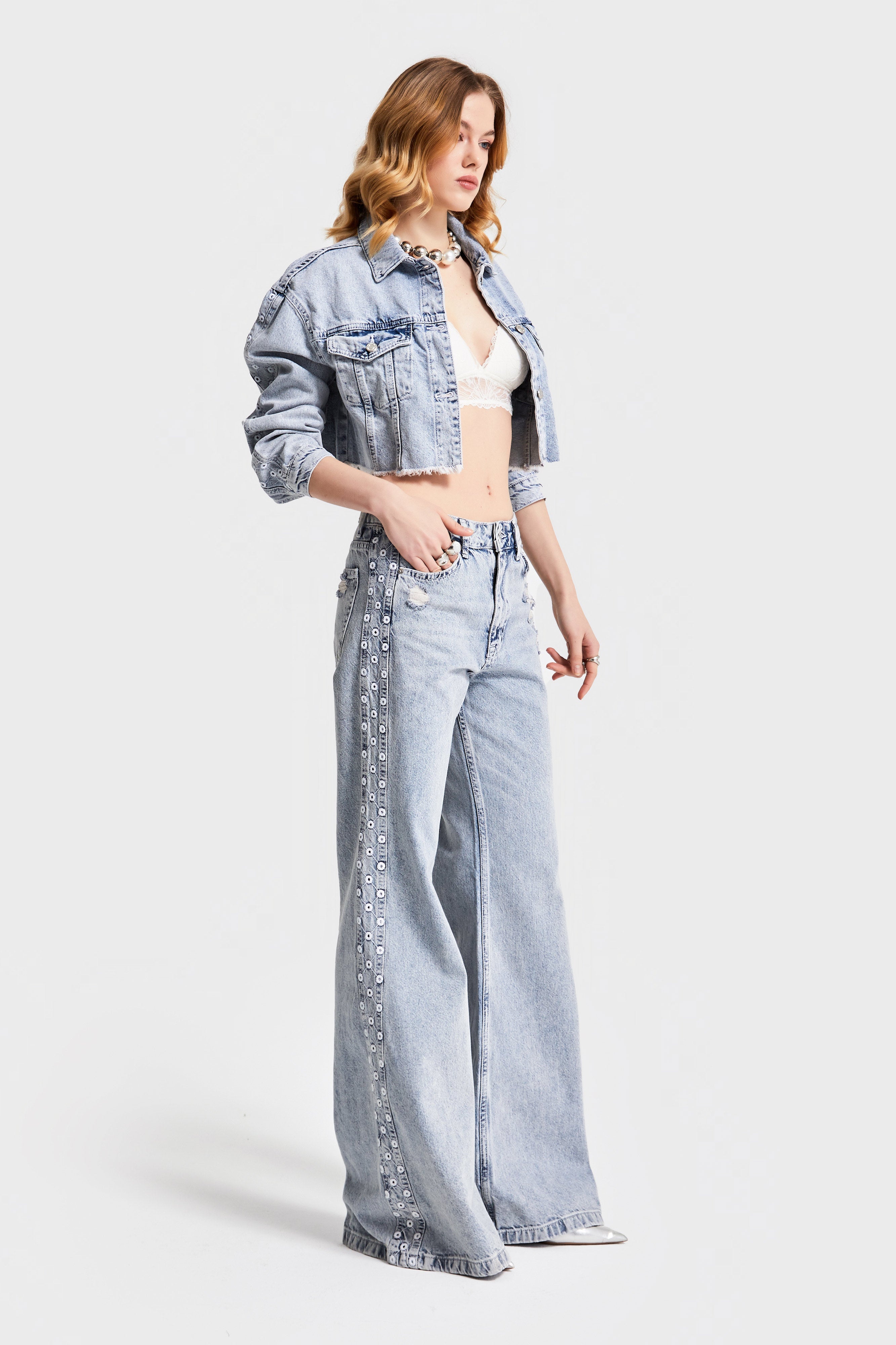 Kadın Kot Rengi 11S565 Yandan Nakışlı Flare Fit %100 Koton Tasarım Denim