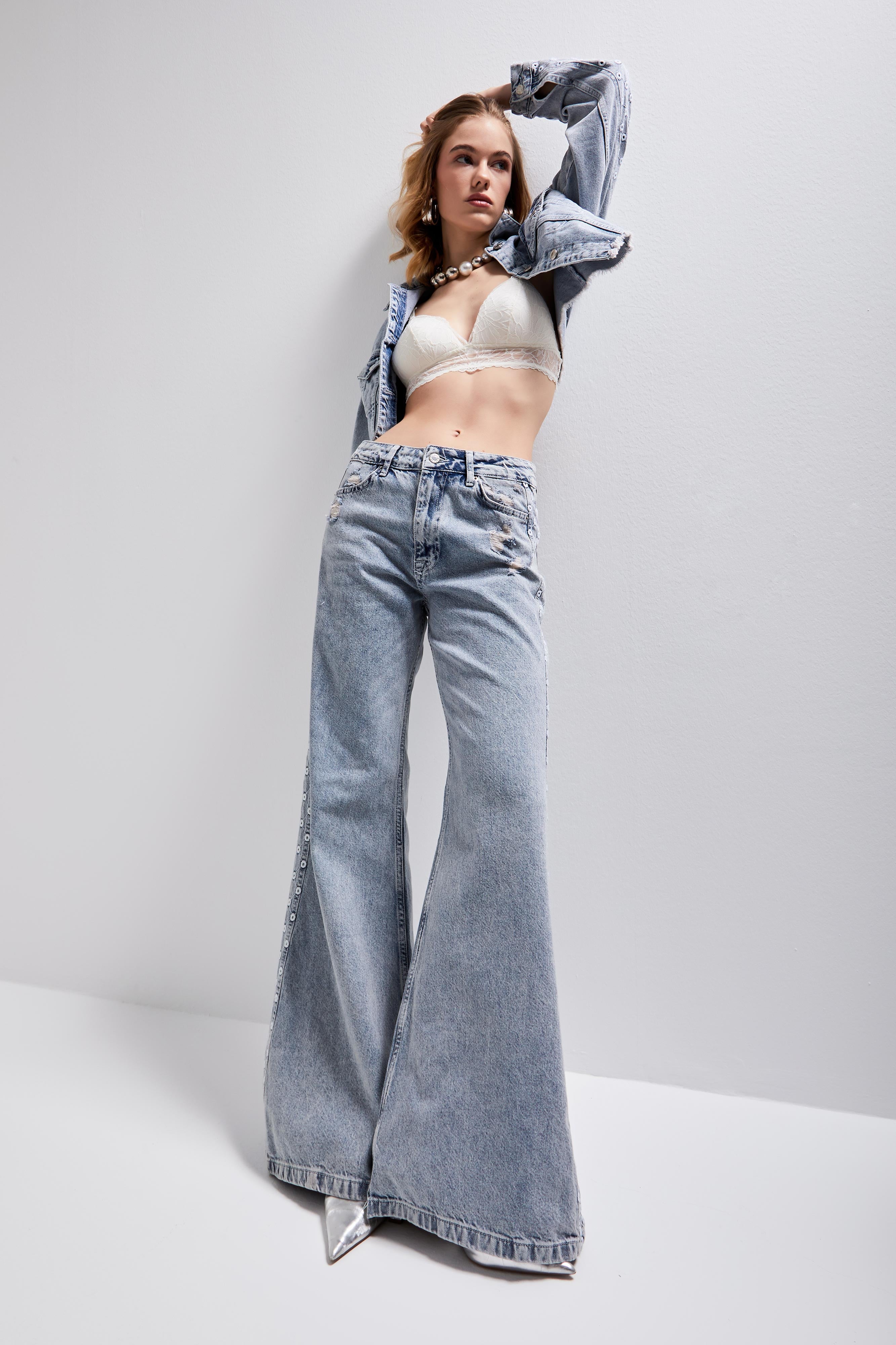 Kadın Kot Rengi 11S565 Yandan Nakışlı Flare Fit %100 Koton Tasarım Denim