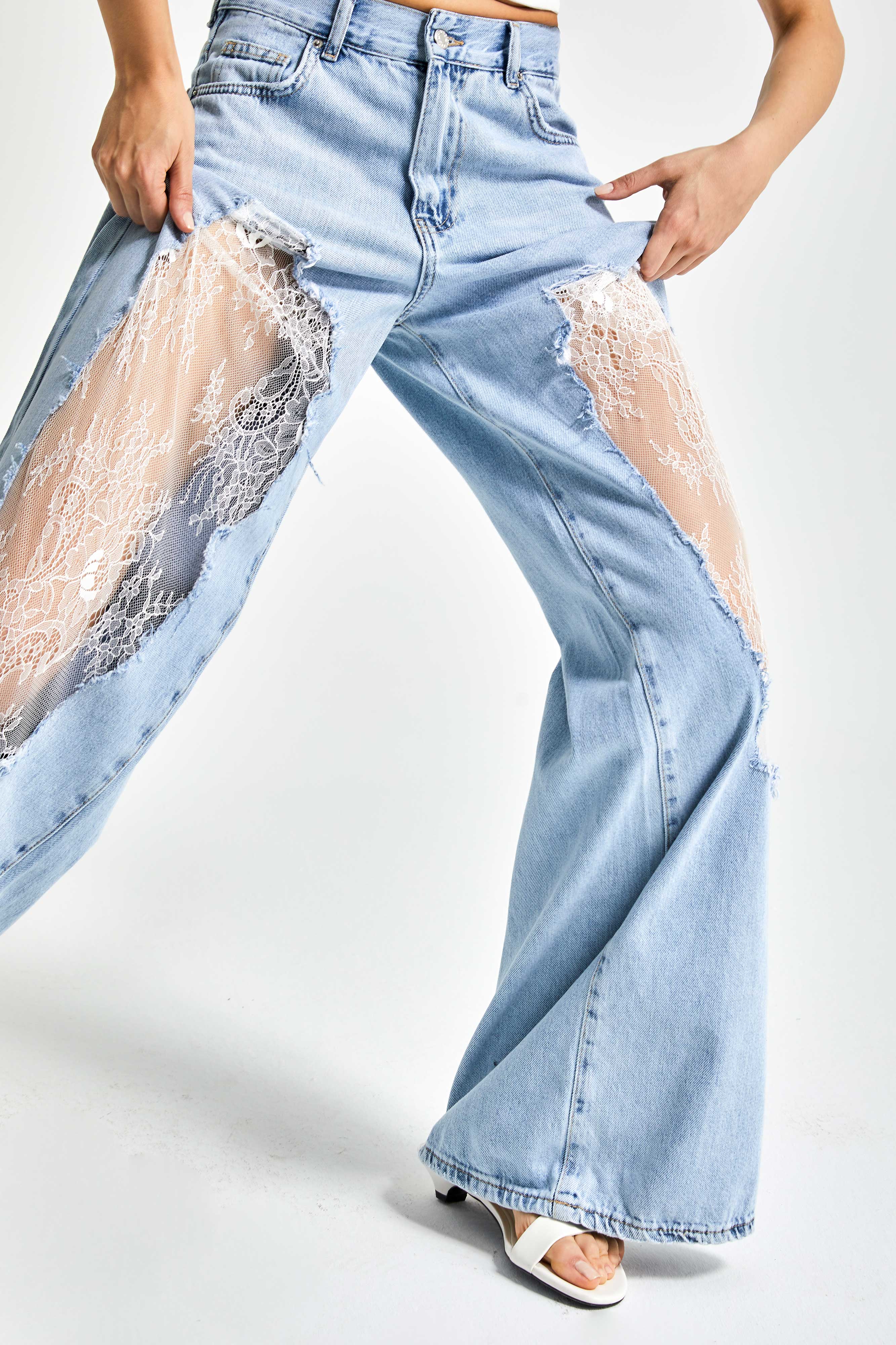 Kadın Kot rengi 12s5-27 Palazzo Fit Şeffaf Tül Dantel Detaylı %100 Koton Özel Tasarım Denim Jean