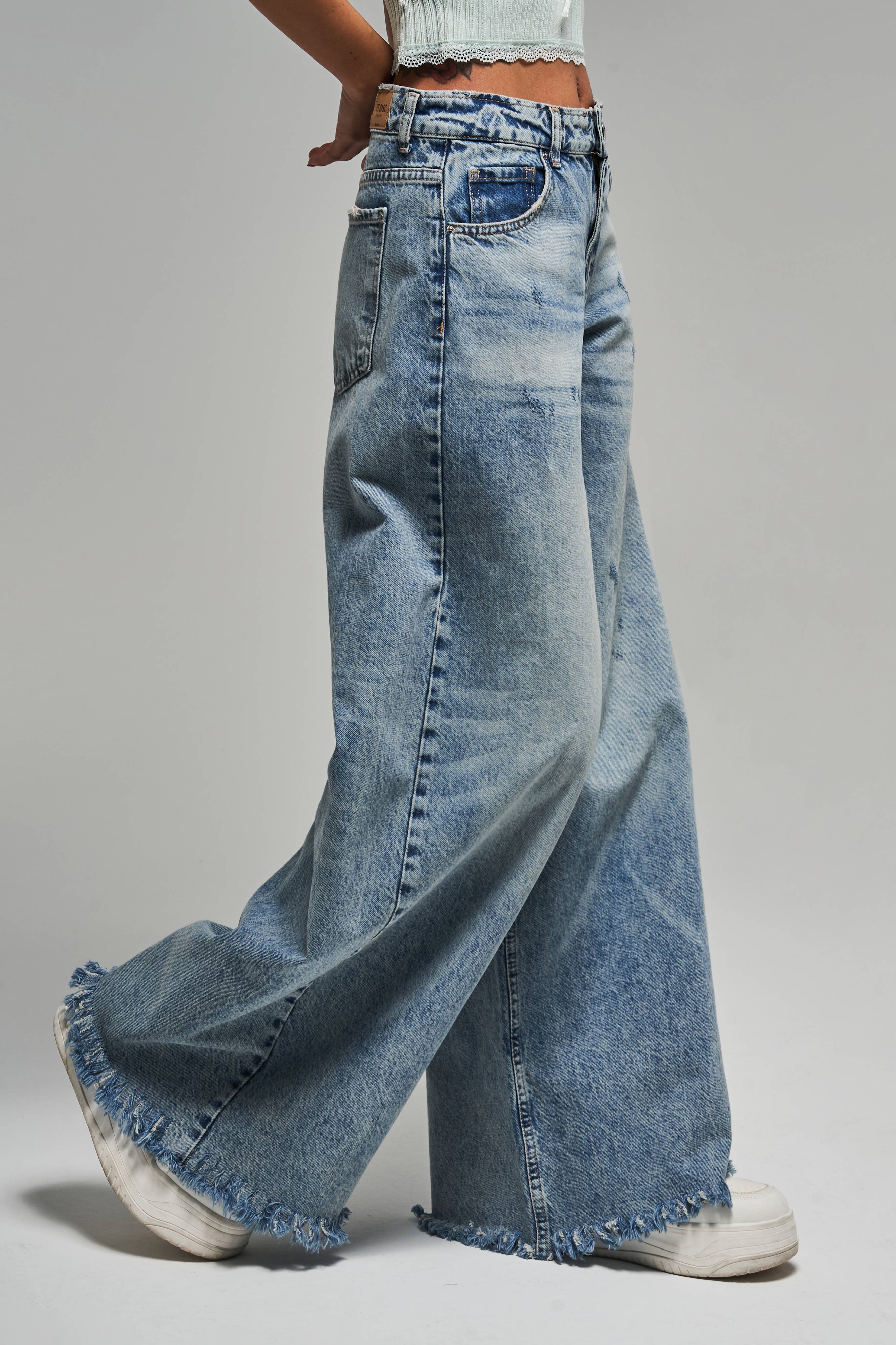 Kadın Kot Rengi 12s5-32 Palazzo Fit Paça Püsküllü %100 Koton Orta Bel Denim Jean