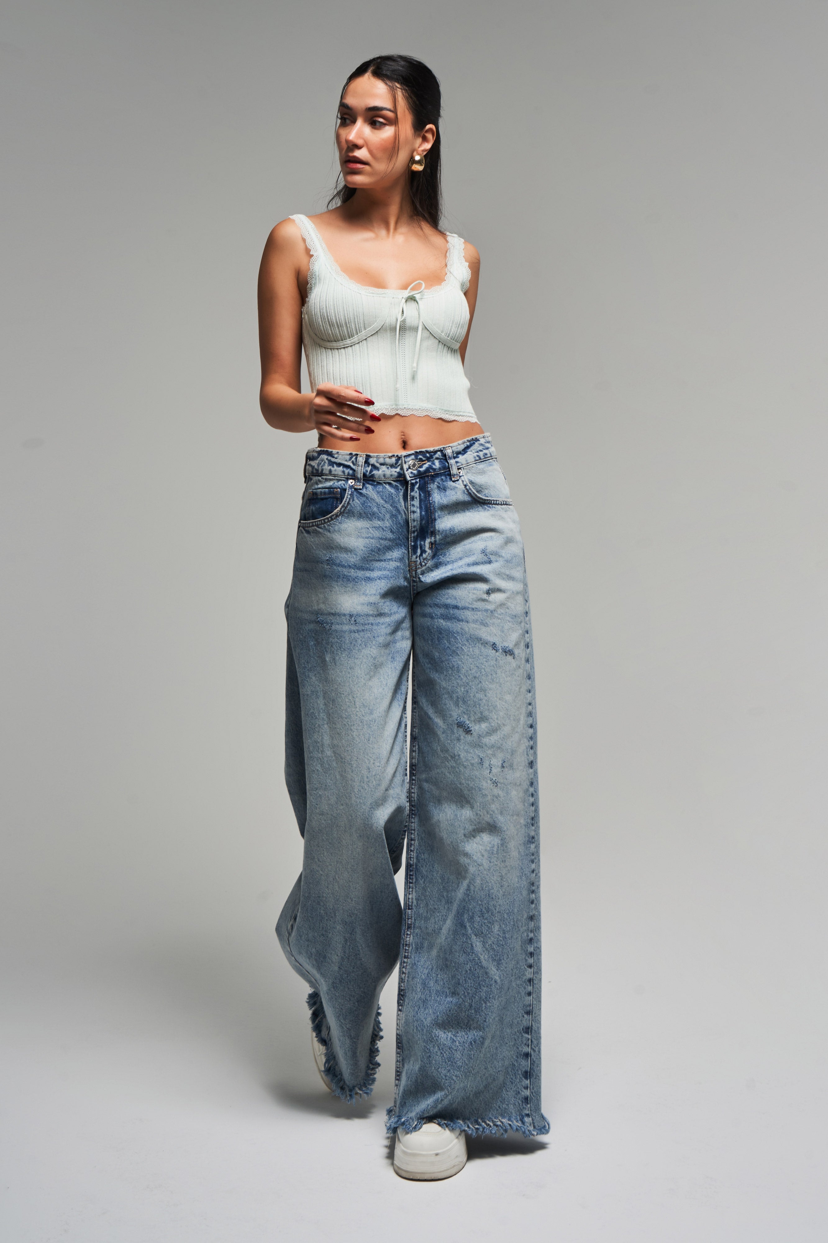 Kadın Kot Rengi 12s5-32 Palazzo Fit Paça Püsküllü %100 Koton Orta Bel Denim Jean