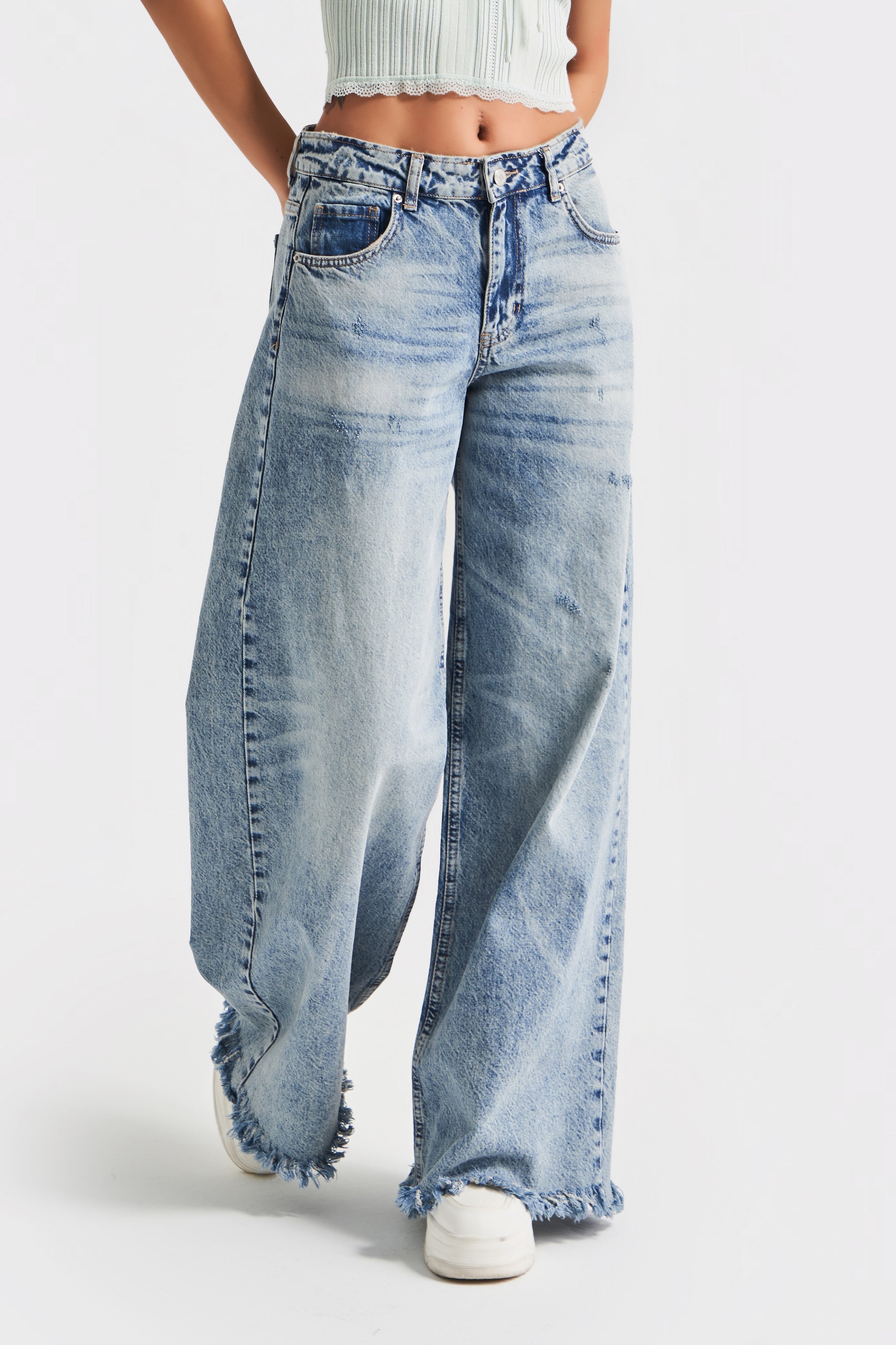 Kadın Kot Rengi 12s5-32 Palazzo Fit Paça Püsküllü %100 Koton Orta Bel Denim Jean