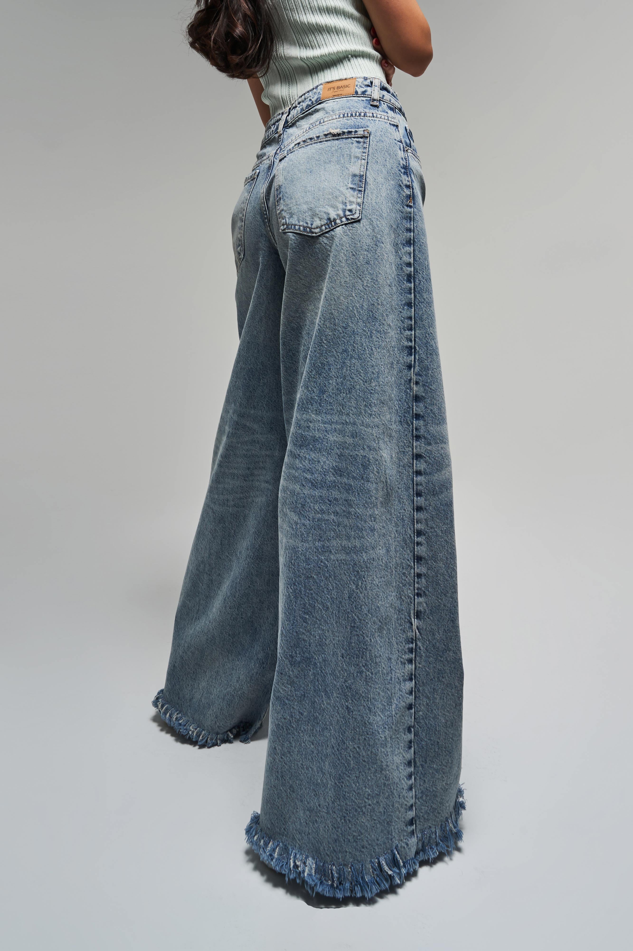 Kadın Kot Rengi 12s5-32 Palazzo Fit Paça Püsküllü %100 Koton Orta Bel Denim Jean