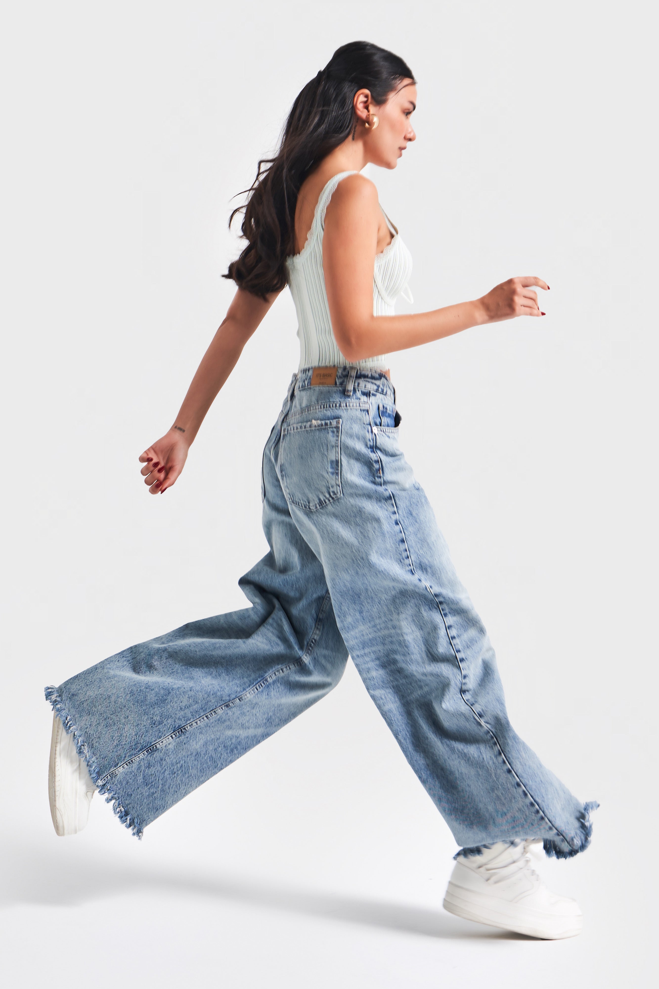 Kadın Kot Rengi 12s5-32 Palazzo Fit Paça Püsküllü %100 Koton Orta Bel Denim Jean