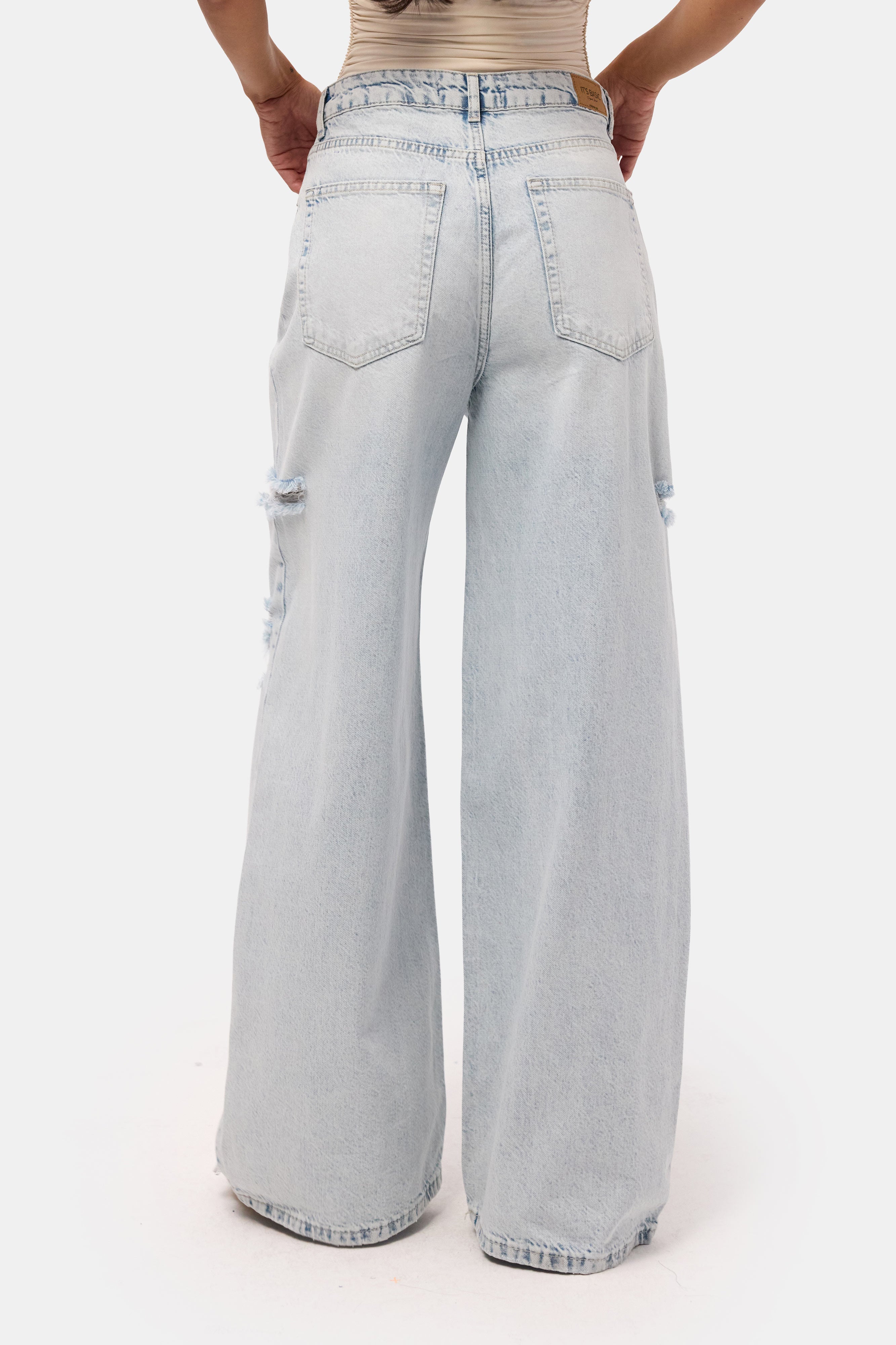 Kadın Kot Rengi 12s6-100 Süper Baggy Fit Yırtık Detaylı Denim Jean