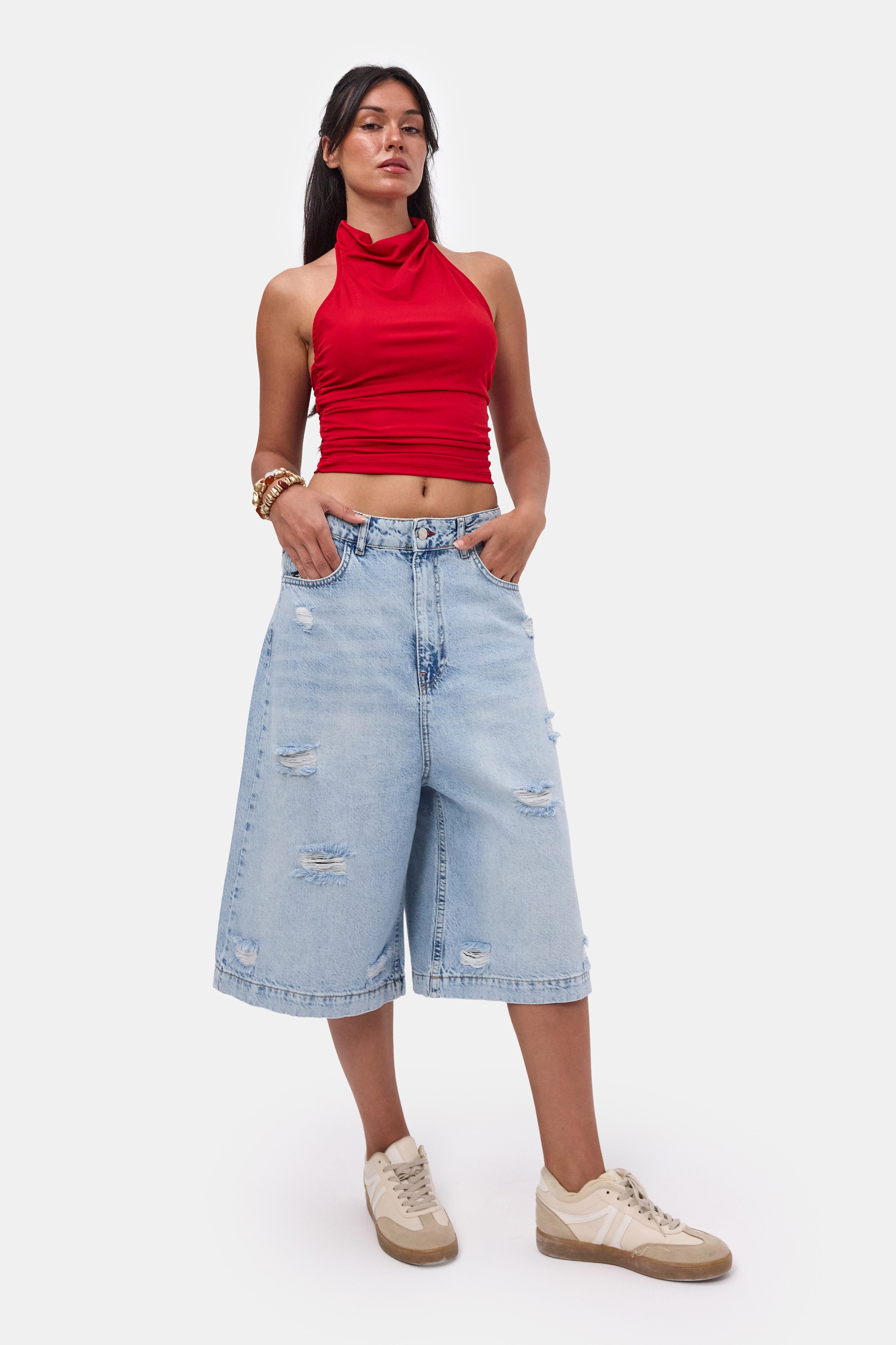 Kadın Kot Rengi 12s6-3 Tasarım Baggy Bermuda Denim Şort
