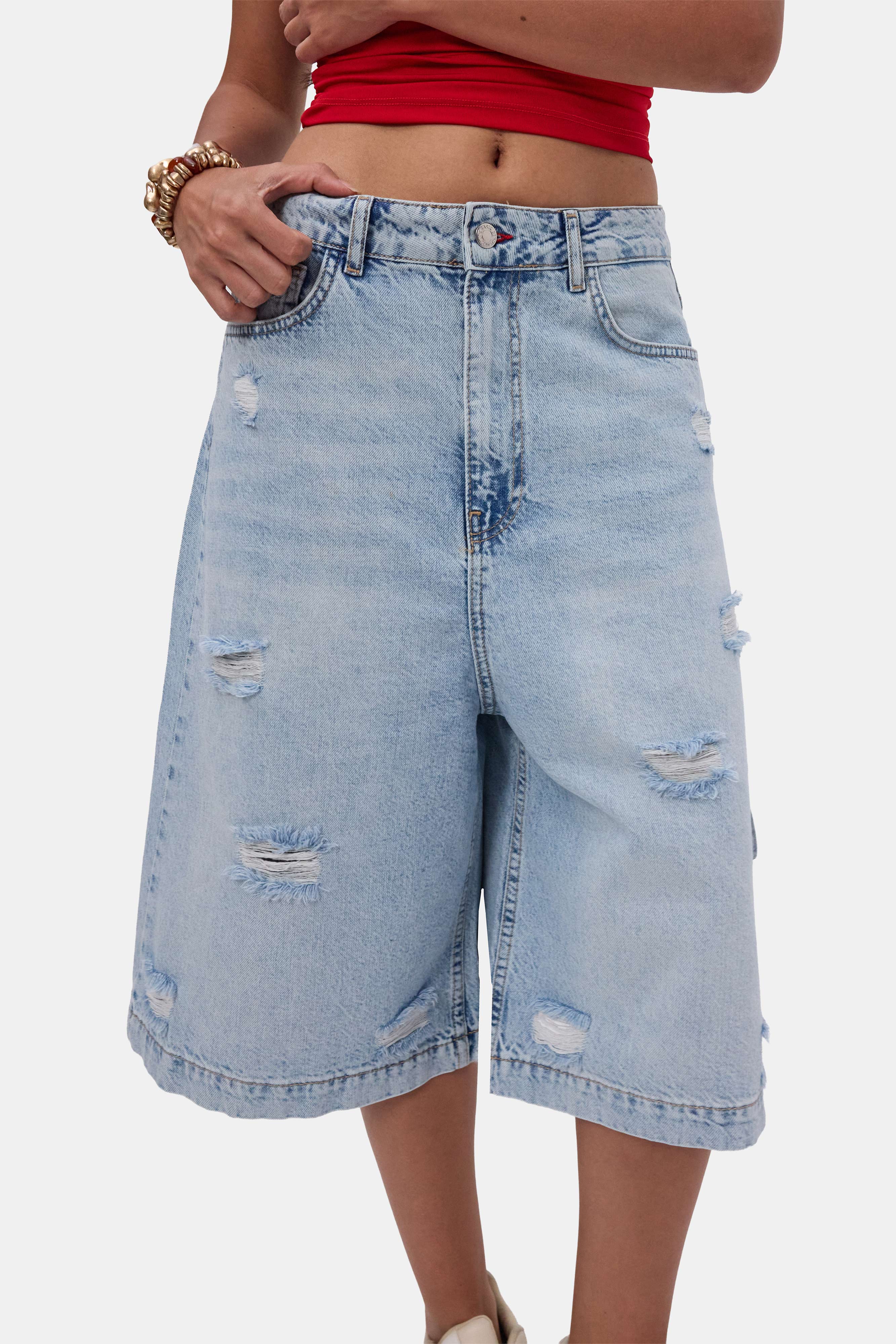Kadın Kot Rengi 12s6-3 Tasarım Baggy Bermuda Denim Şort