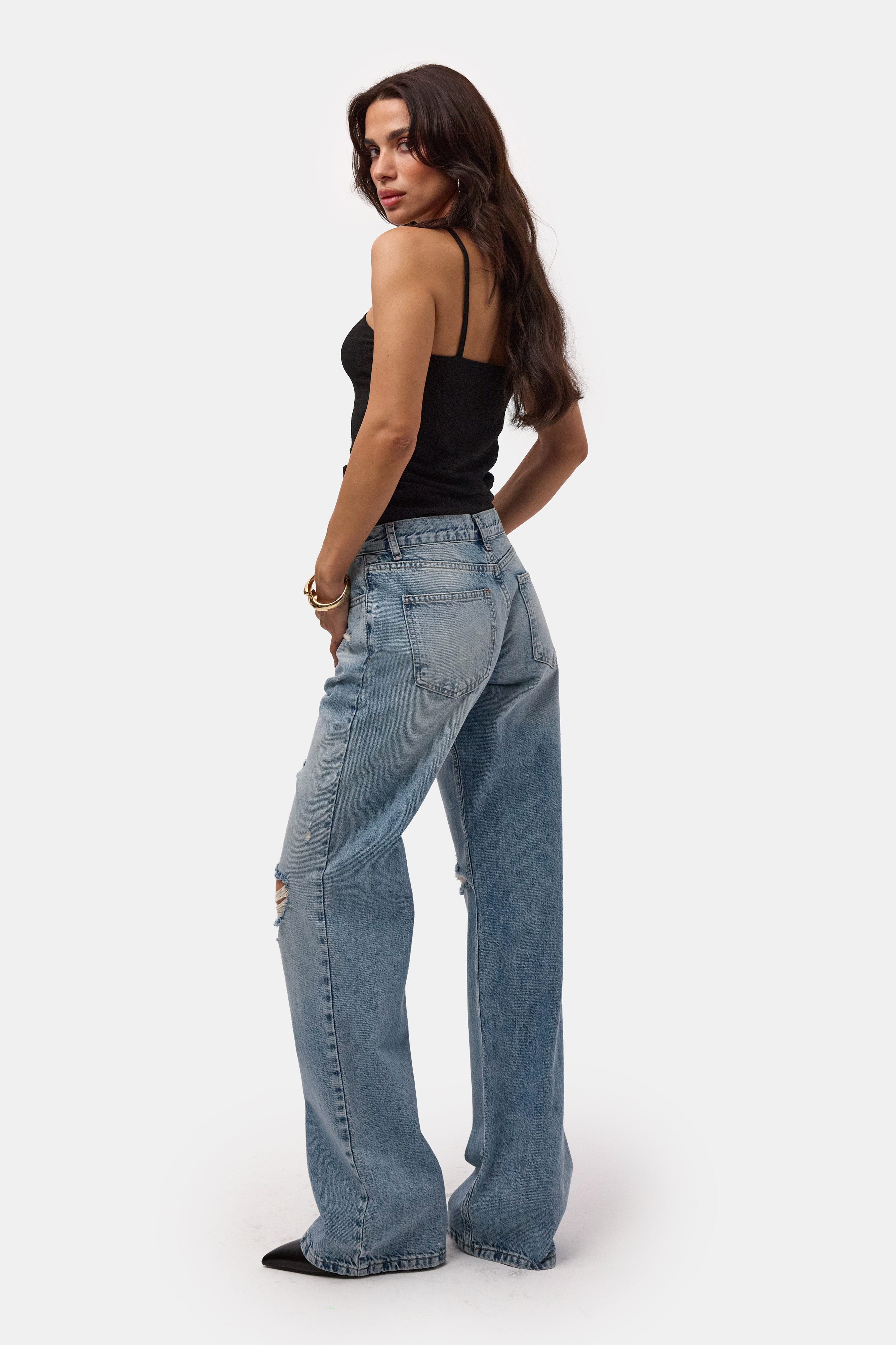 Kadın Kot Rengi 12s6-32 Bootcut Fit Yırtık Detaylı Denim Jean