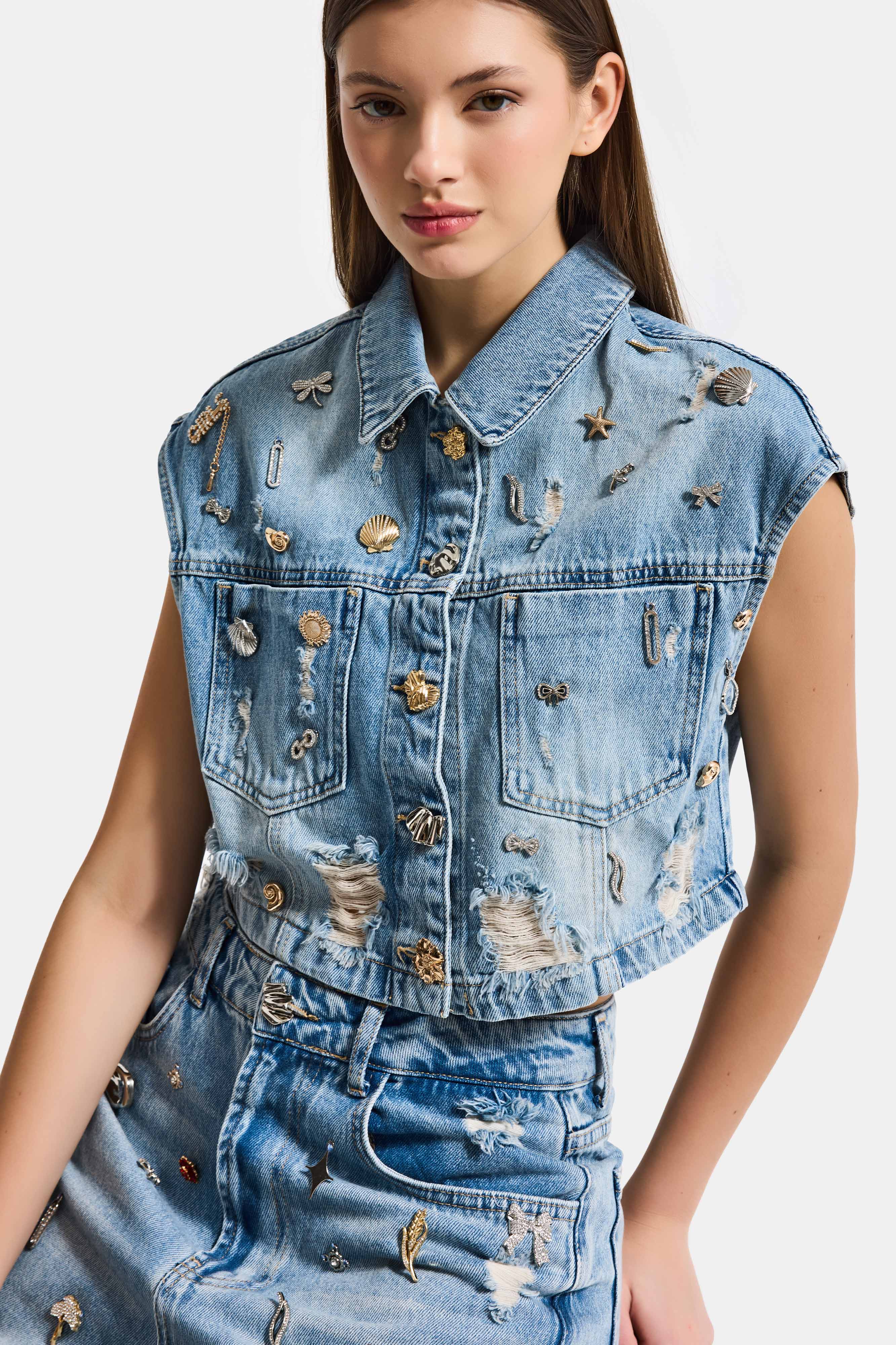 Kadın Kot Rengi 12s6-32 Crop Fit Özel Dikim Aksesuar Tasarım Denim Ceket