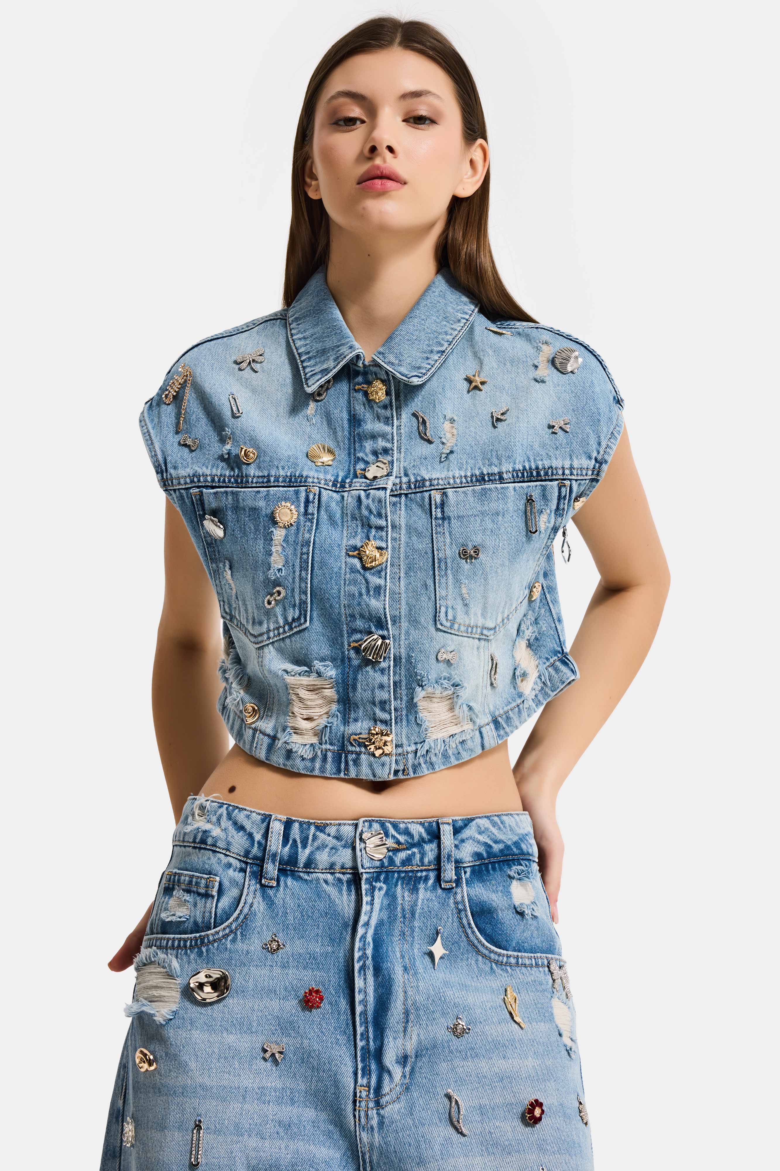 Kadın Kot Rengi 12s6-32 Crop Fit Özel Dikim Aksesuar Tasarım Denim Ceket