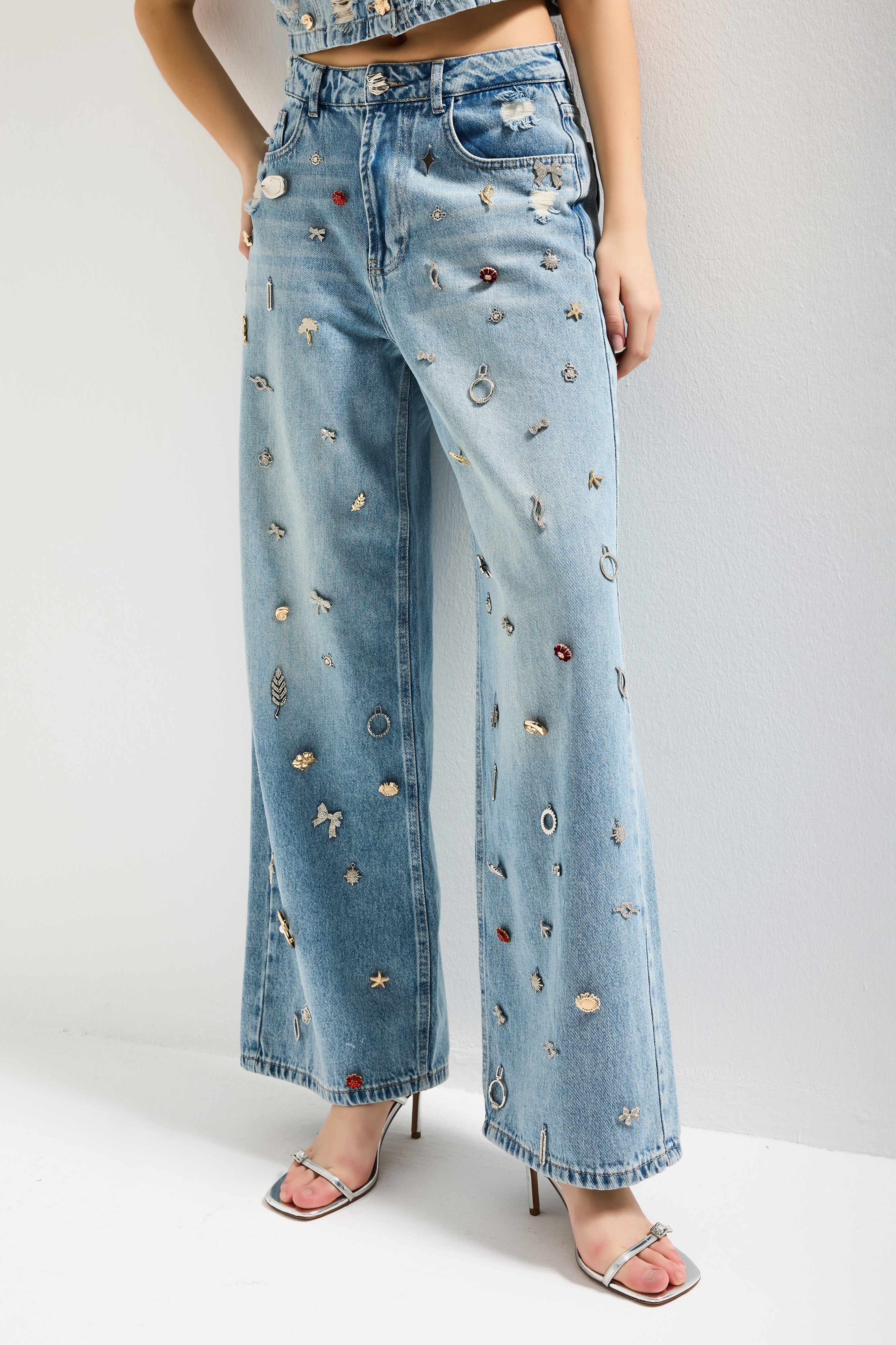 Kadın Kot Rengi 12s6-32 Mega Baggy Fit Özel Dikim Aksesuarlı Tasarım Denim Jean