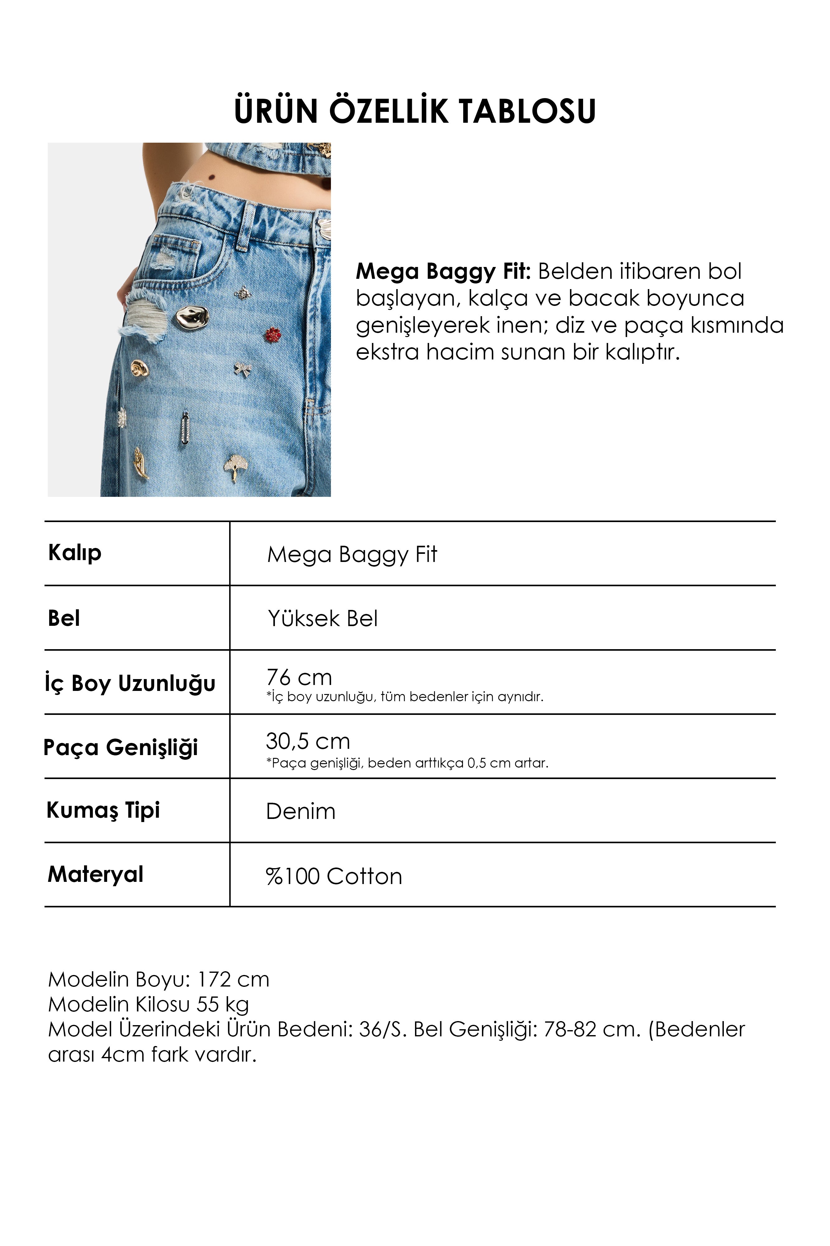 Kadın Kot Rengi 12s6-32 Mega Baggy Fit Özel Dikim Aksesuarlı Tasarım Denim Jean